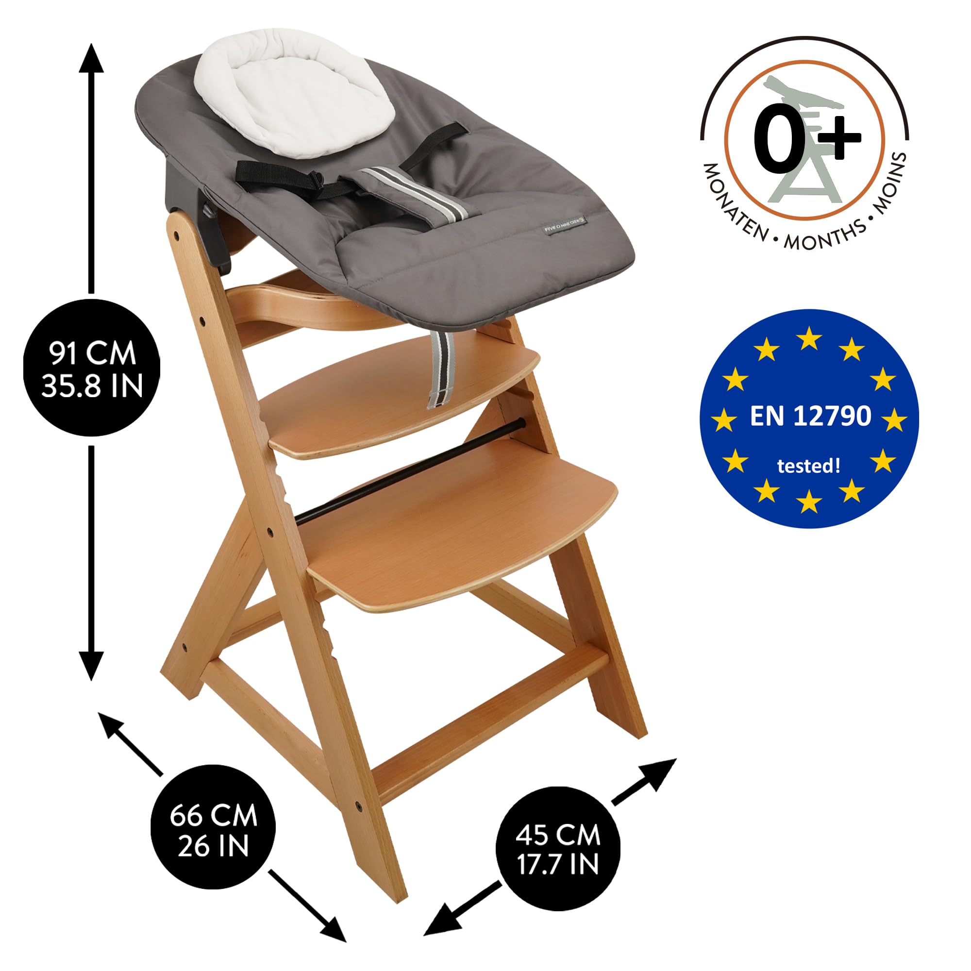 509 Crew Sun Wooden High Chair Grow Up Set from New Born Up to 90kg, Baby High Chair Include New Born Seat, Pillow Cushion, Color Natural Charcoal