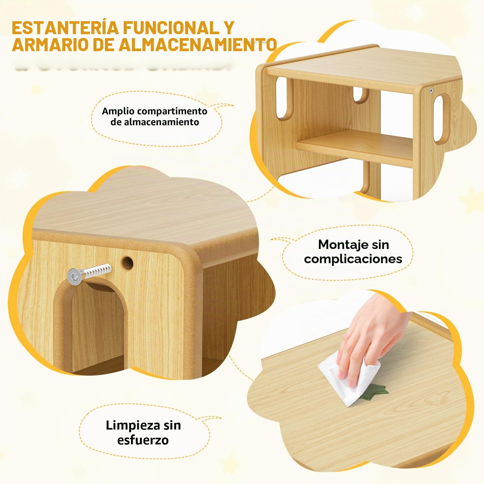 Mesa y Silla para Niños, Mesa de Madera Montessori con Almacenamiento, Adecuada para Niños para Leer, Jugar, Comer