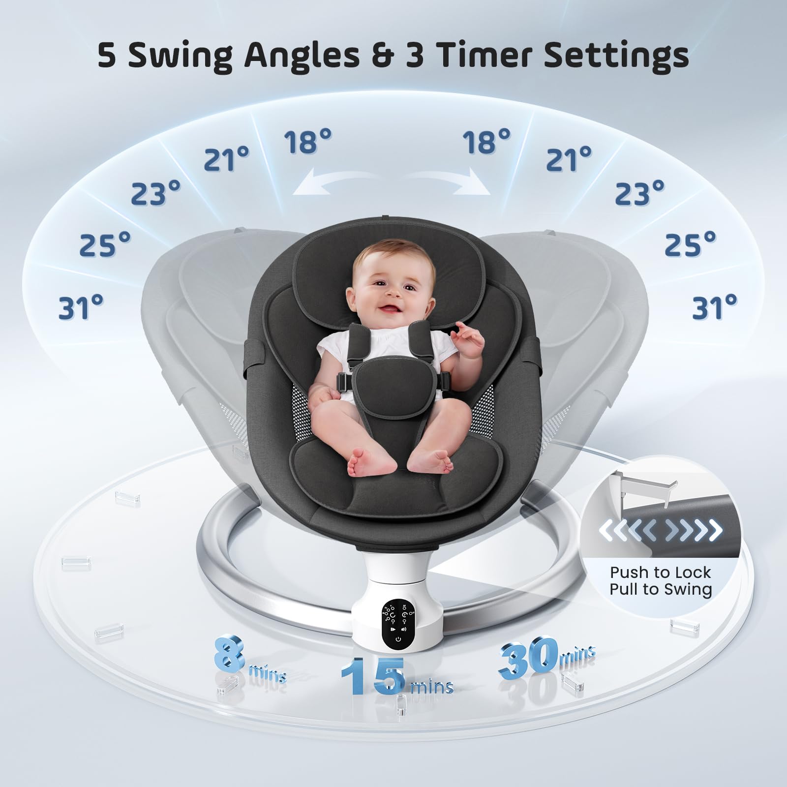 Helangel Altalena per neonati, dondolo elettrico per bambini con app e telecomando, imbracatura a 5 punti aggiornata, 10 musiche Bluetooth e 5 velocità, resiste a 9 kg
