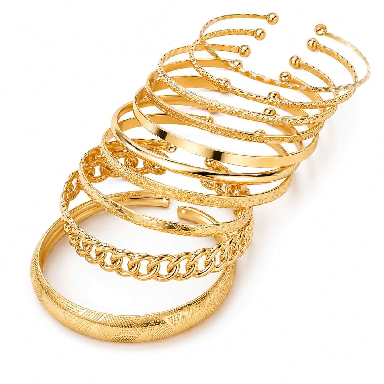 KISS WIFE Gold Bangle Bracelets for Women, Adjustable Stackable Cuff Set Textured open cuff bangles combine slim, twisted and engraved designs for adjustable stacked or individual wear.