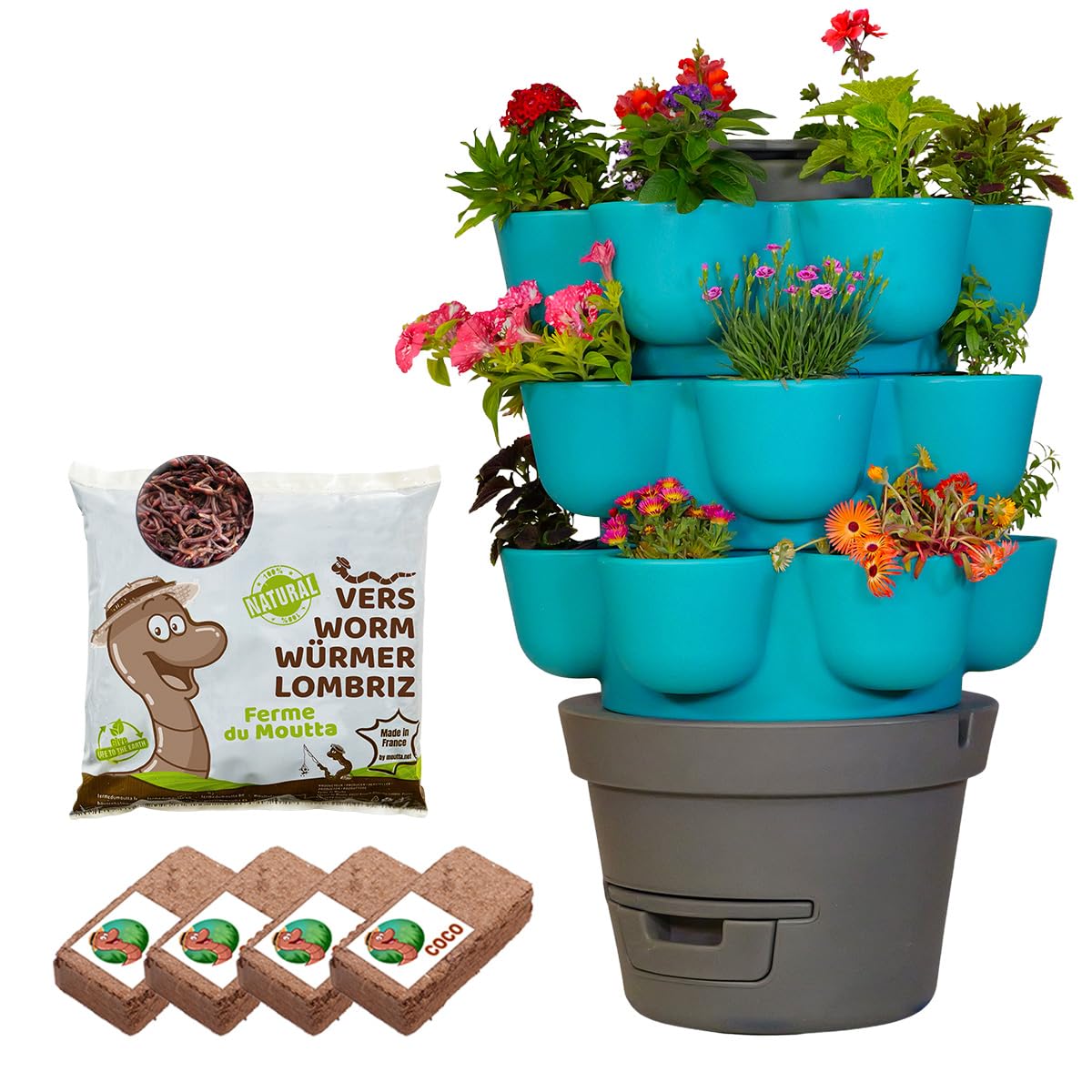 WORMgarden Turquoise 3 jardinières + 500gr de vers de Compost | Jardin Potager Vertical avec lombricomposteur | Cultivez Vos Fruits et légumes | Créez Votre Potager et recyclez Vos déchets