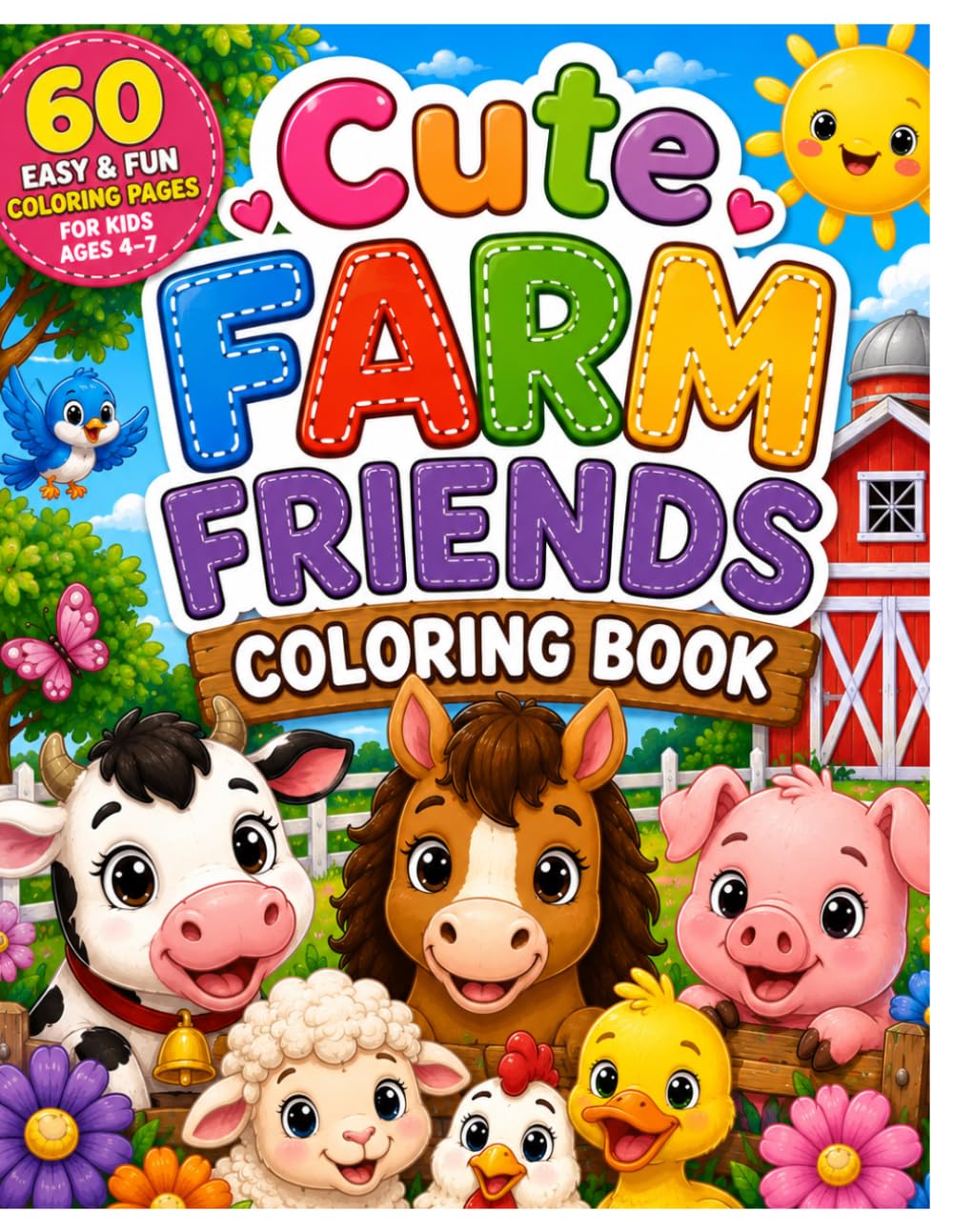Cute Farm Friends Coloring Book: 60 Easy and Fun Farm Animal Coloring Pages for Kids Ages 4 to 7