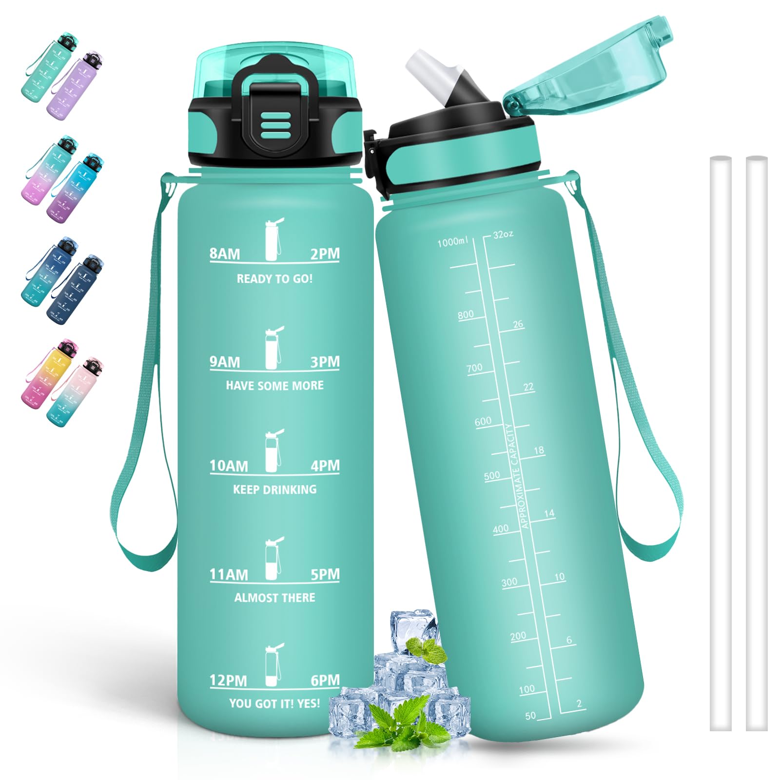 Grsta Green Drinking Bottle 1 Litre Leak-Proof With Straw And Time Marking For Sports Running Camping Hiking