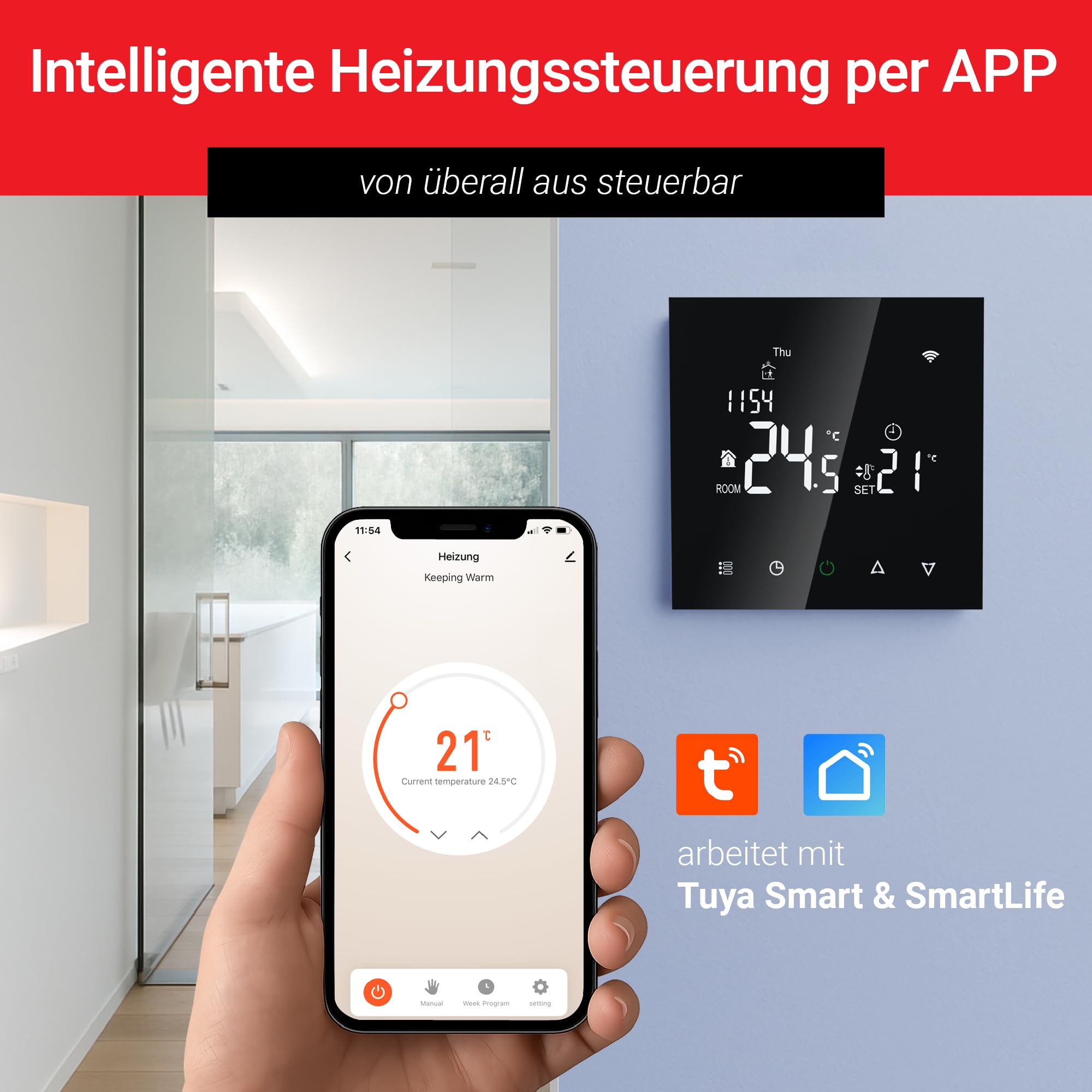 Elektrobock PT740B-EI - Termostato intelligente per riscaldamento a pavimento e riscaldamento elettrico, 6 programmi/giorno, rilevamento di geofencing e finestre, 230 V, 16 A