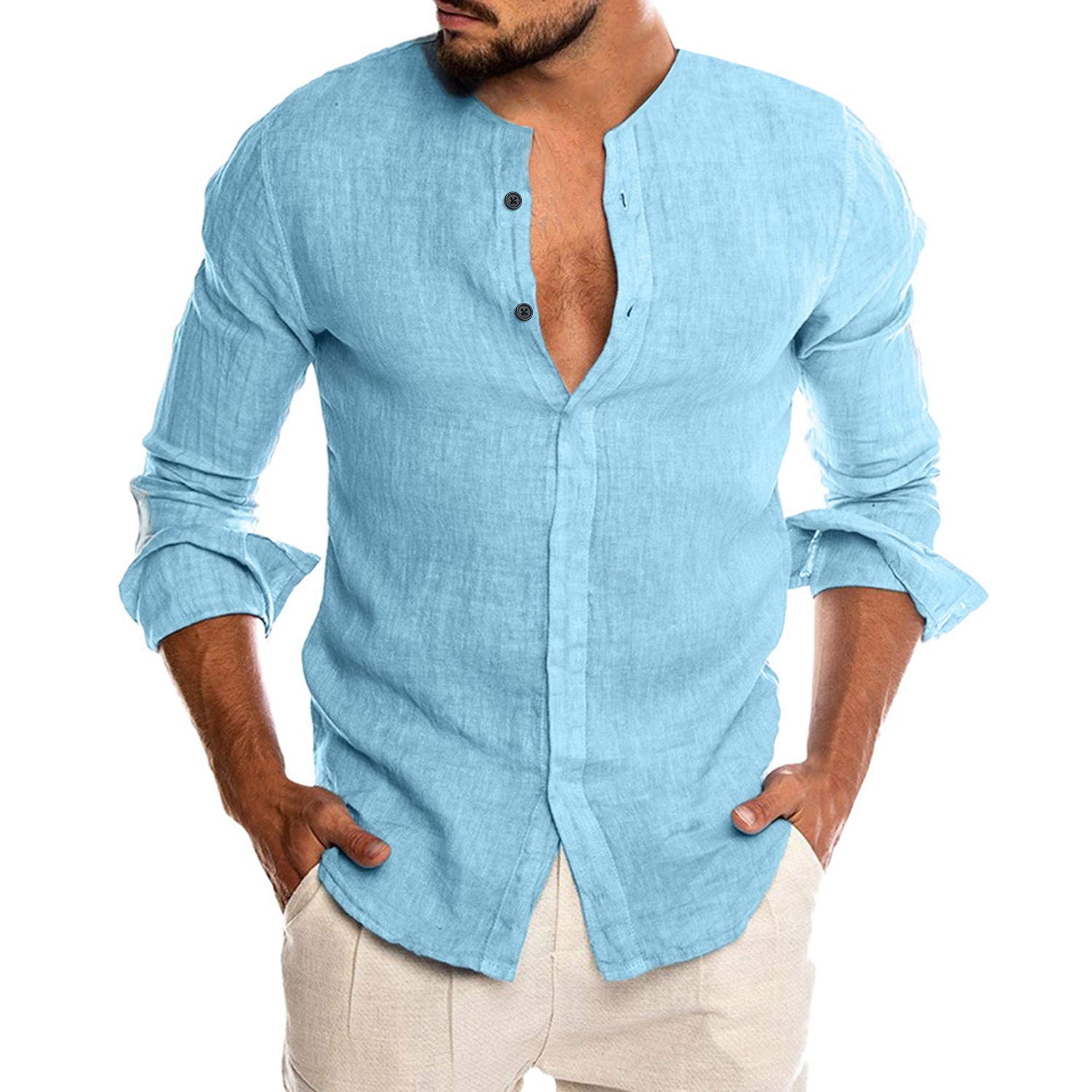 COOFANDYMen's Cotton Linen Shirt Long Sleeve Button Down Casual Beach Shirt