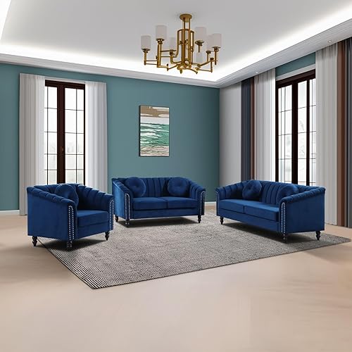 Miniatura 3 de Moderno conjunto de sofá Chesterfield de terciopelo de lujo, sillón de franela, reposabrazos enrollados tapizados para sala de Estar, dormitorio,