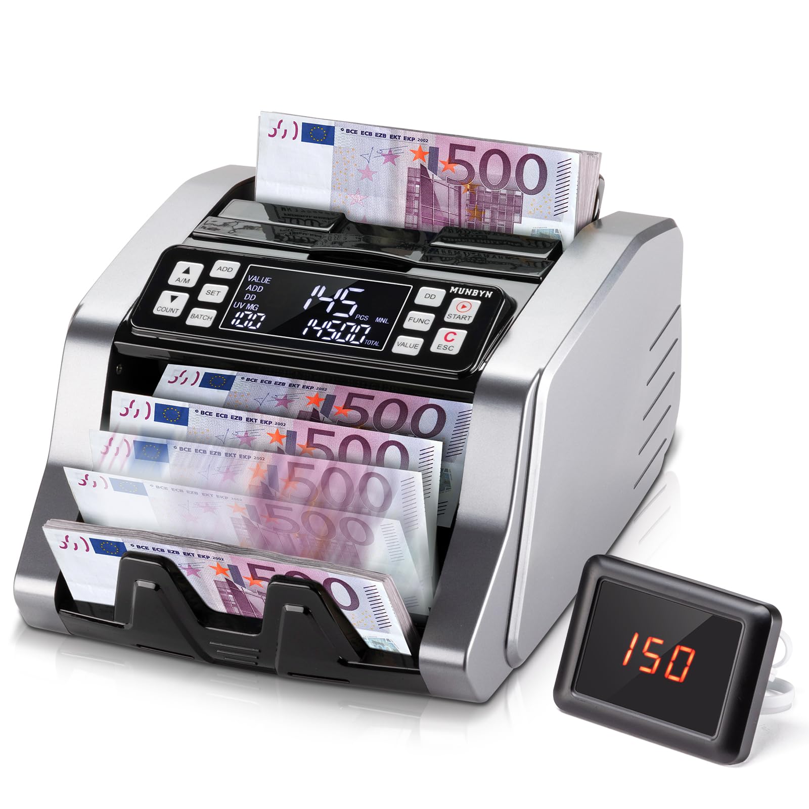 MUNBYN 2026 Nuevo Contador de Billetes, Detección de Billetes Falsos UV/MG/IR/MT para Euros/Dólares, Modos de Añadir/Lote/Valor, Pantalla LED Externa, Protección de 2 Años, No Cuenta montos Mixtos