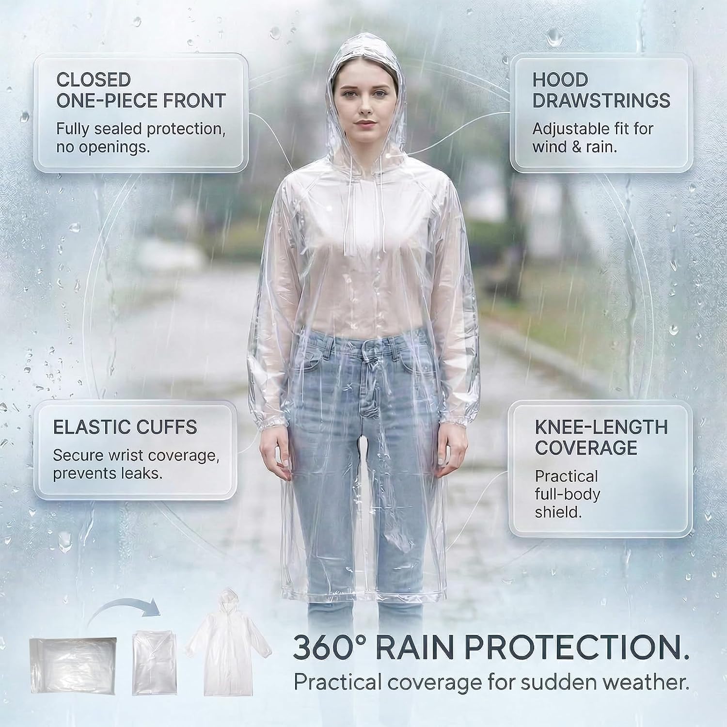 Clear Poncho with Hood Ponchos Family Pack Rain Coat Suitable for Commuting, Camping