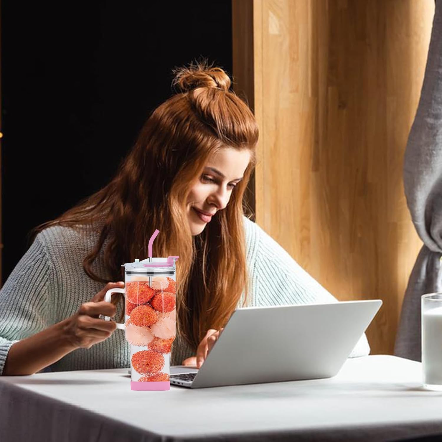 Glass Tumbler with Lid and Straws,40oz Glass Cup with Handle,Drinking Glasses with Silicone Coaster,Glass Water Cup,Smoothie Cup,Beer Cup,Ice Coffee Cup,Fits In Cup Holder(Pink) - Image 7