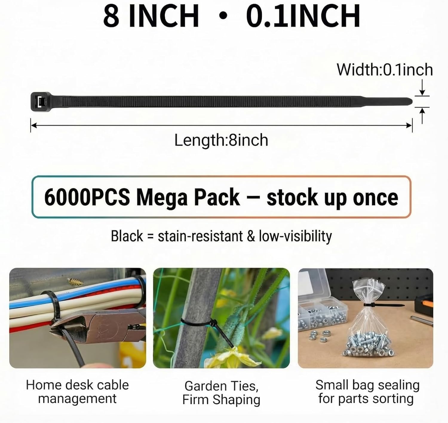 6000 Pack 8 Inch Zip Ties, Multi-Purpose Black Nylon Fasteners for Wire Management, Durable Zipties for Indoor and Outdoor Plant Support