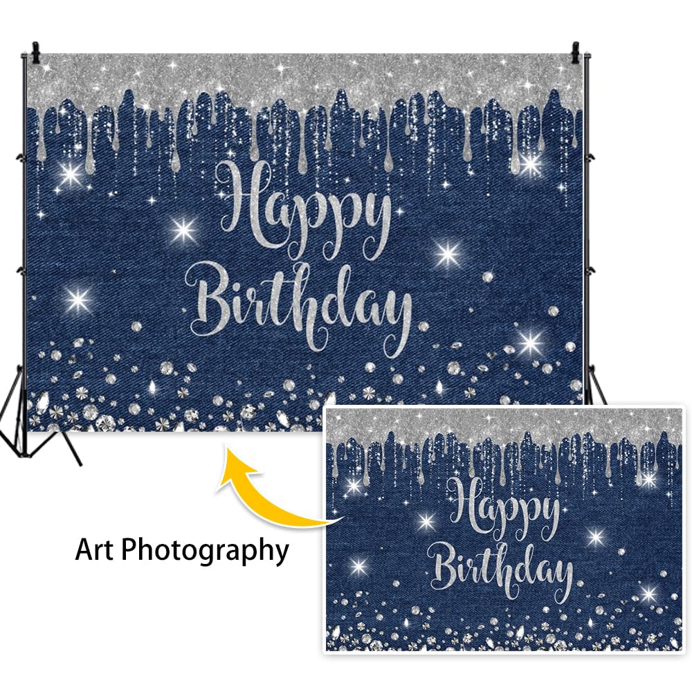 Leowefowa Baner "Happy Birthday", 2,4 x 1,2 m, winylowe, niebieskie, dżinsy, diamentowa kropla, na sesję zdjęciową, srebrne tło obrazowe dla dziewcząt, przyjęcie urodzinowe, baner, materiały