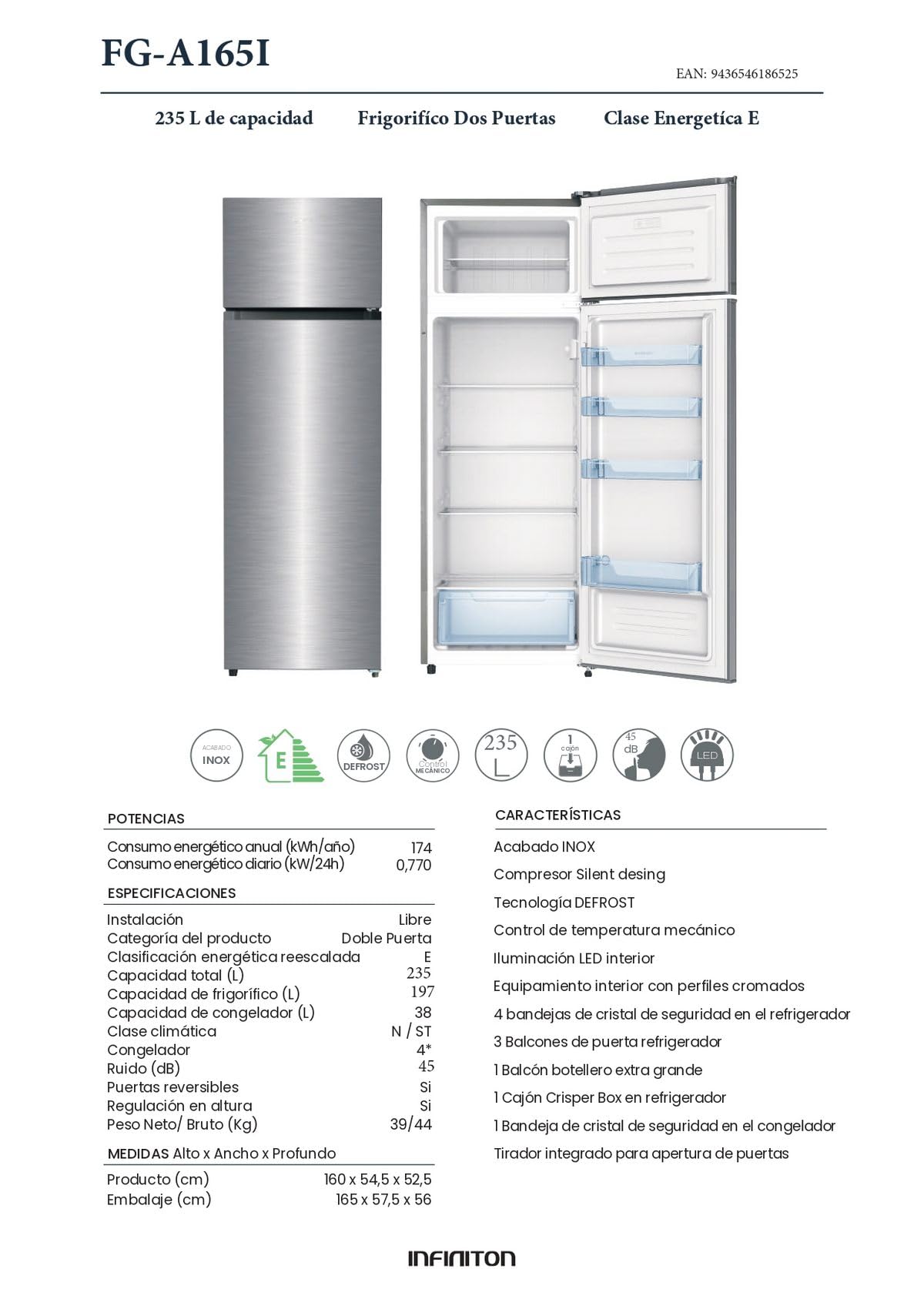 INFINTION Frigorifico Dos Puertas FG-A162I, 239 Litros, 160 cm de Altura, E, Ciclico, Puerta Reversible, Patas regulables en altura, Inox