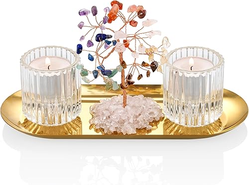 ZenBless Portavelas votivas, portavelas 2 en 1 y portavelas cónicos, árbol de la vida de cristal para decoración de mesa de centro de mesa,
