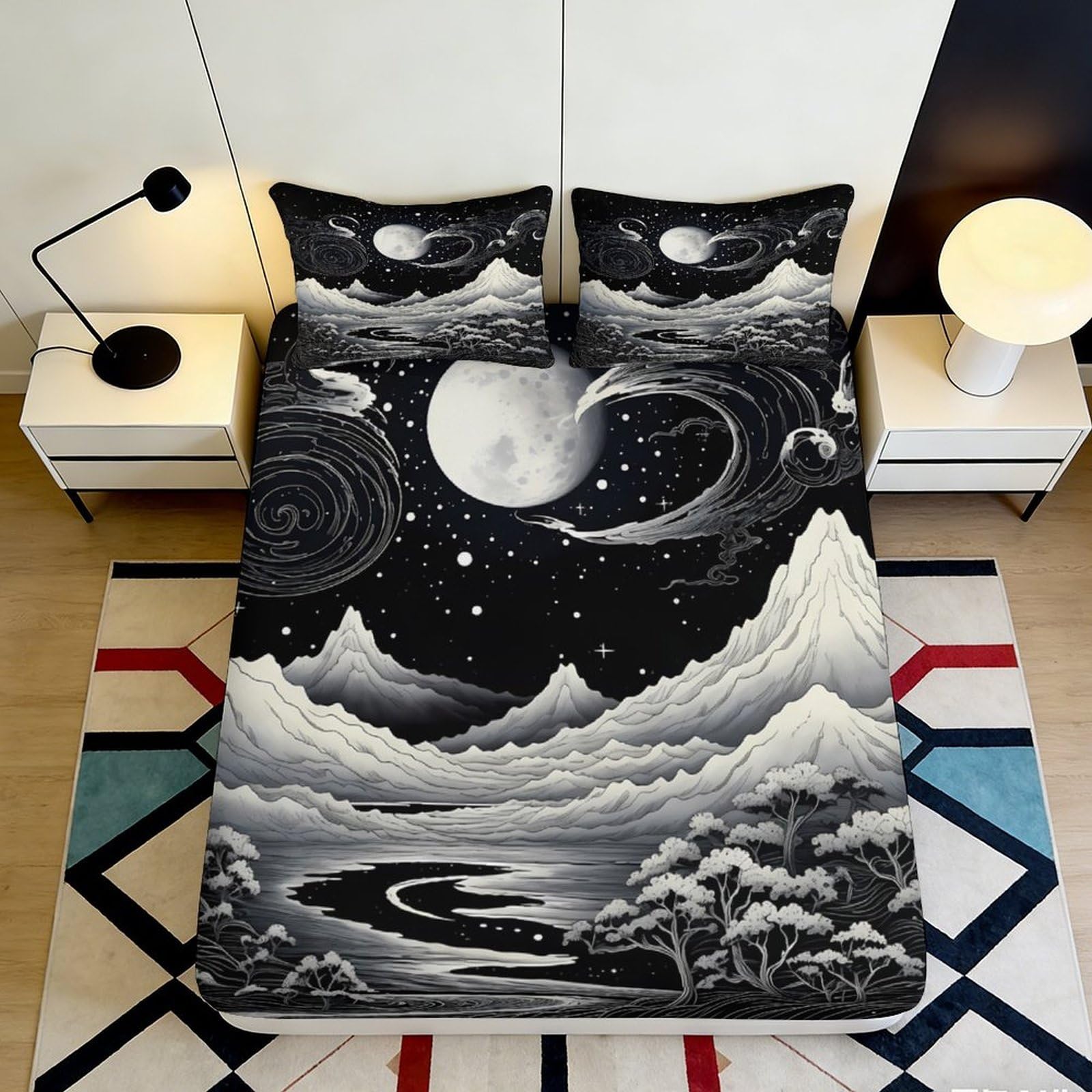 Jqzkxnhpbr Style-8 3D Printed Moon Starry Sky Fitted Sheet Microfiber Soft Decorative Cosmic Nebula Bed Cover For Bedroom Guest Room 90X200x25cm