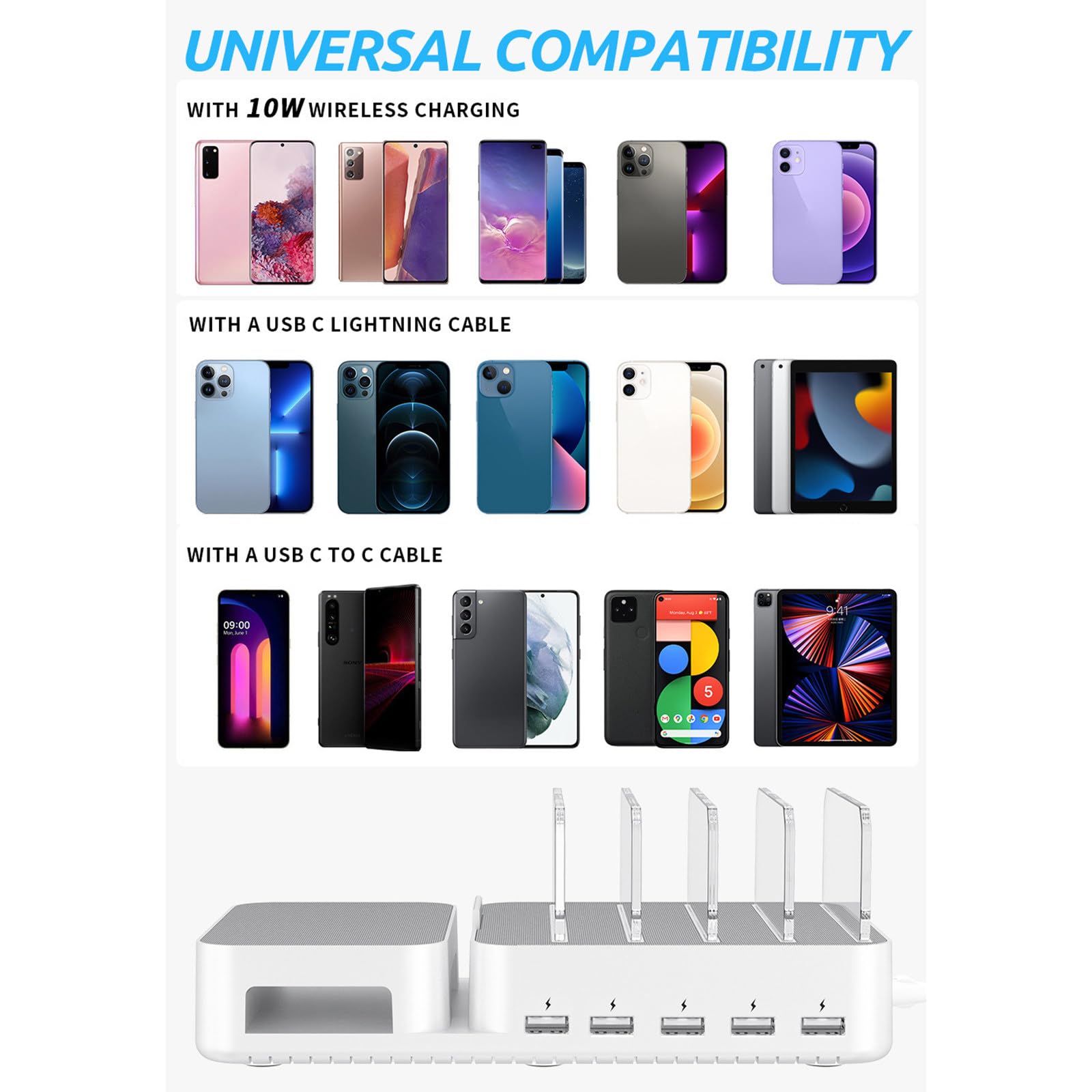 Cargador USB multipuerto, 60 W, 5 puertos + soporte de carga inalámbrico, con 5 soportes, adecuado para sistemas iOS y Android,Pink