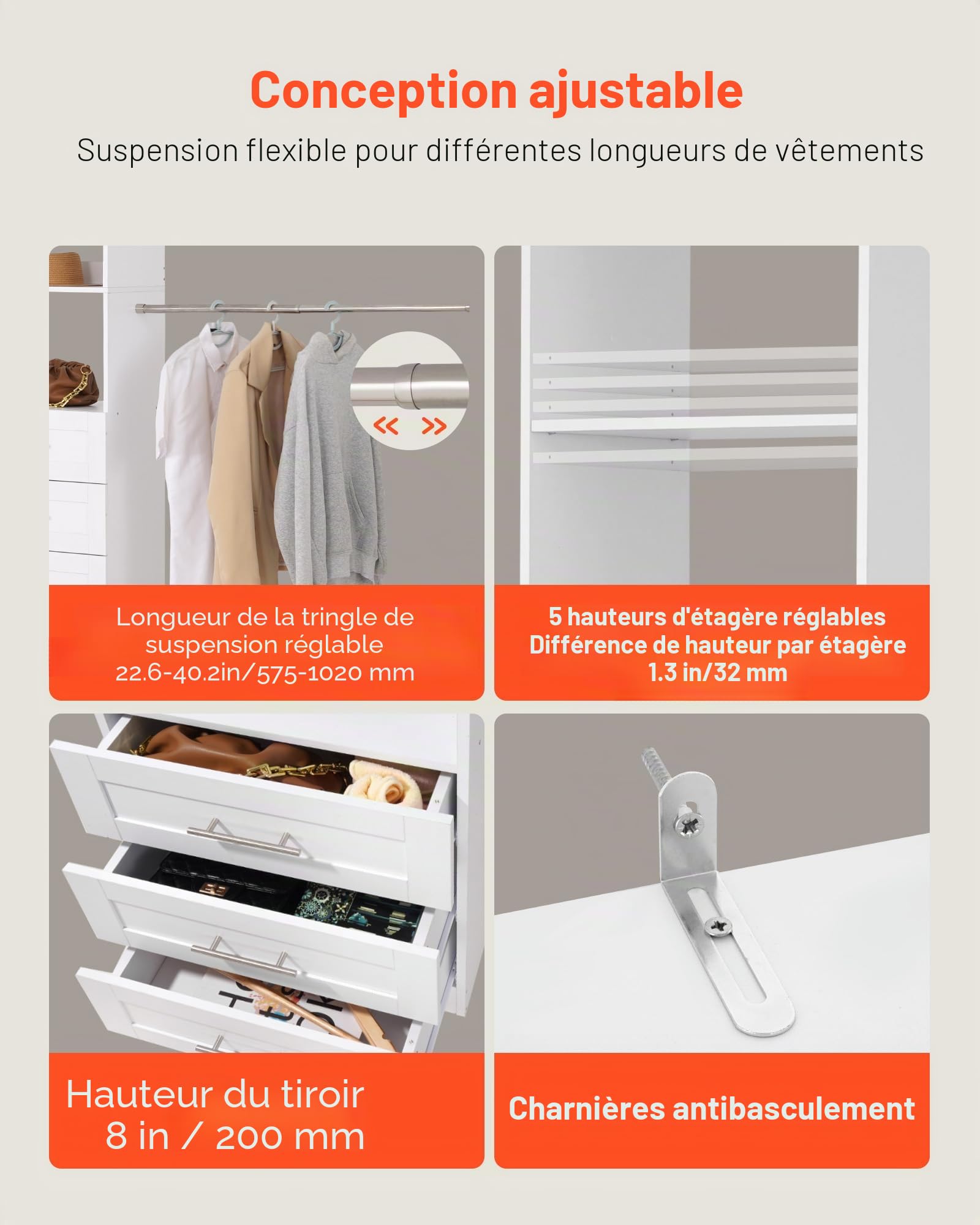 VEVOR Système de Placard avec 3 tiroirs, système d'organisation de Placard en Bois à Hauteur réglable, Porte-vêtements avec 4 tringles à vêtements rétractables, pour Rangement de Chambre, Blanc