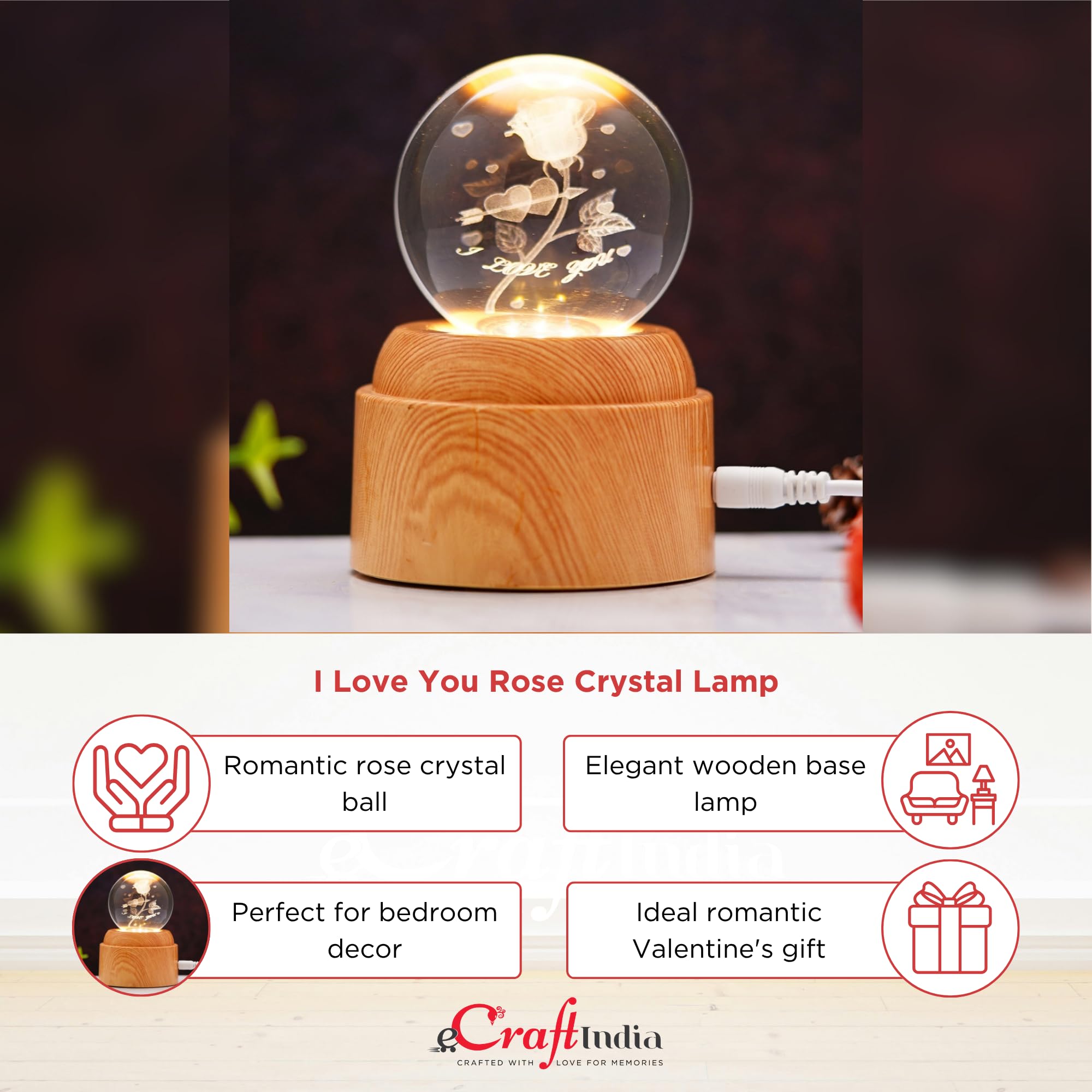 eCraftIndia I Love You Rose Flower Transparent Crystal Ball Night Lamp with Wooden Base Showpiece Table Lamp for Home Decor Bedroom Living Room TV Unit Romantic Gift for Valentine Day Anniversary 3
