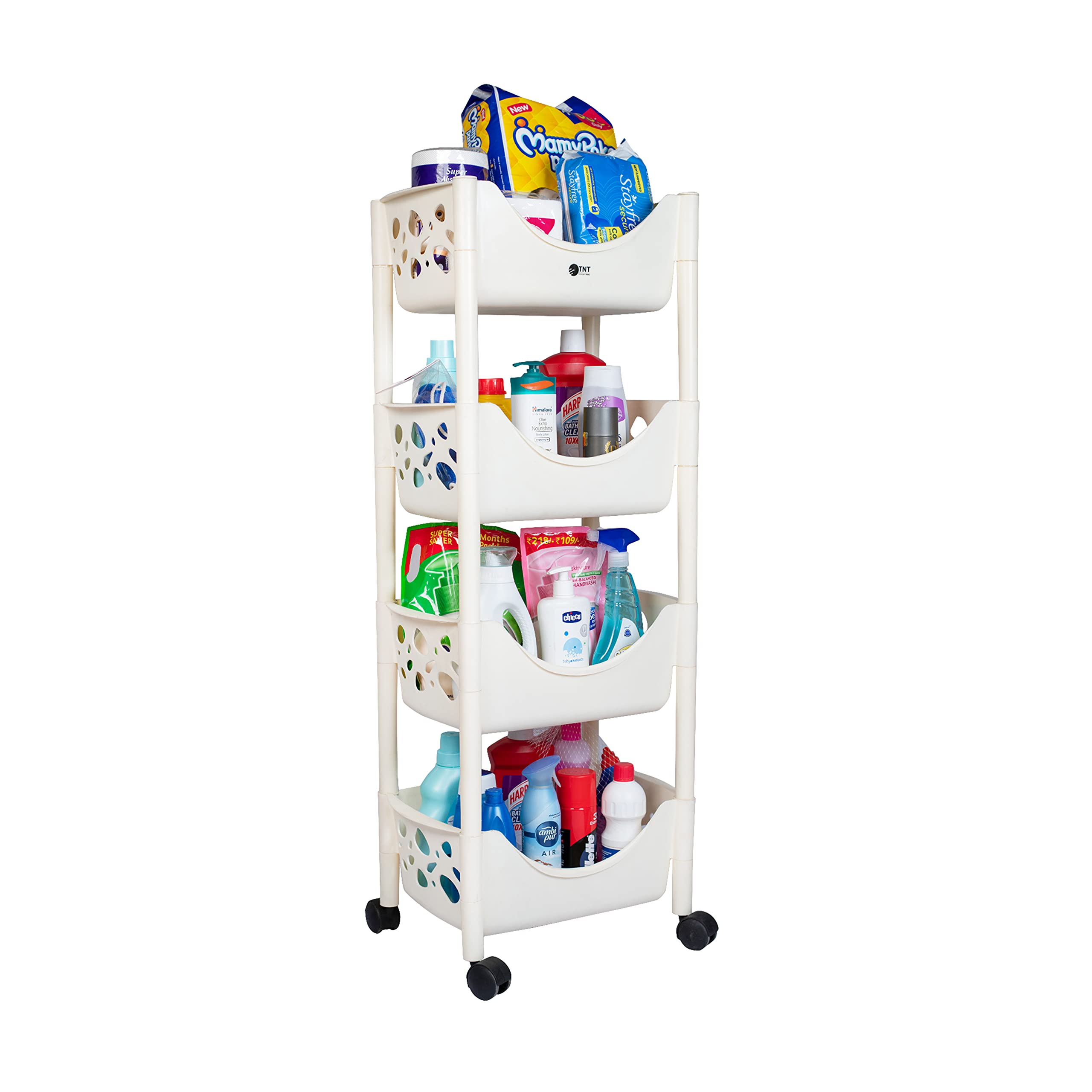 TNT THE NEXT TREND Daisy Plastic Space Saving Storage Organizer Rack Shelf with Wheels for Kitchen Bathroom Bedroom (4 Layer, Grey)