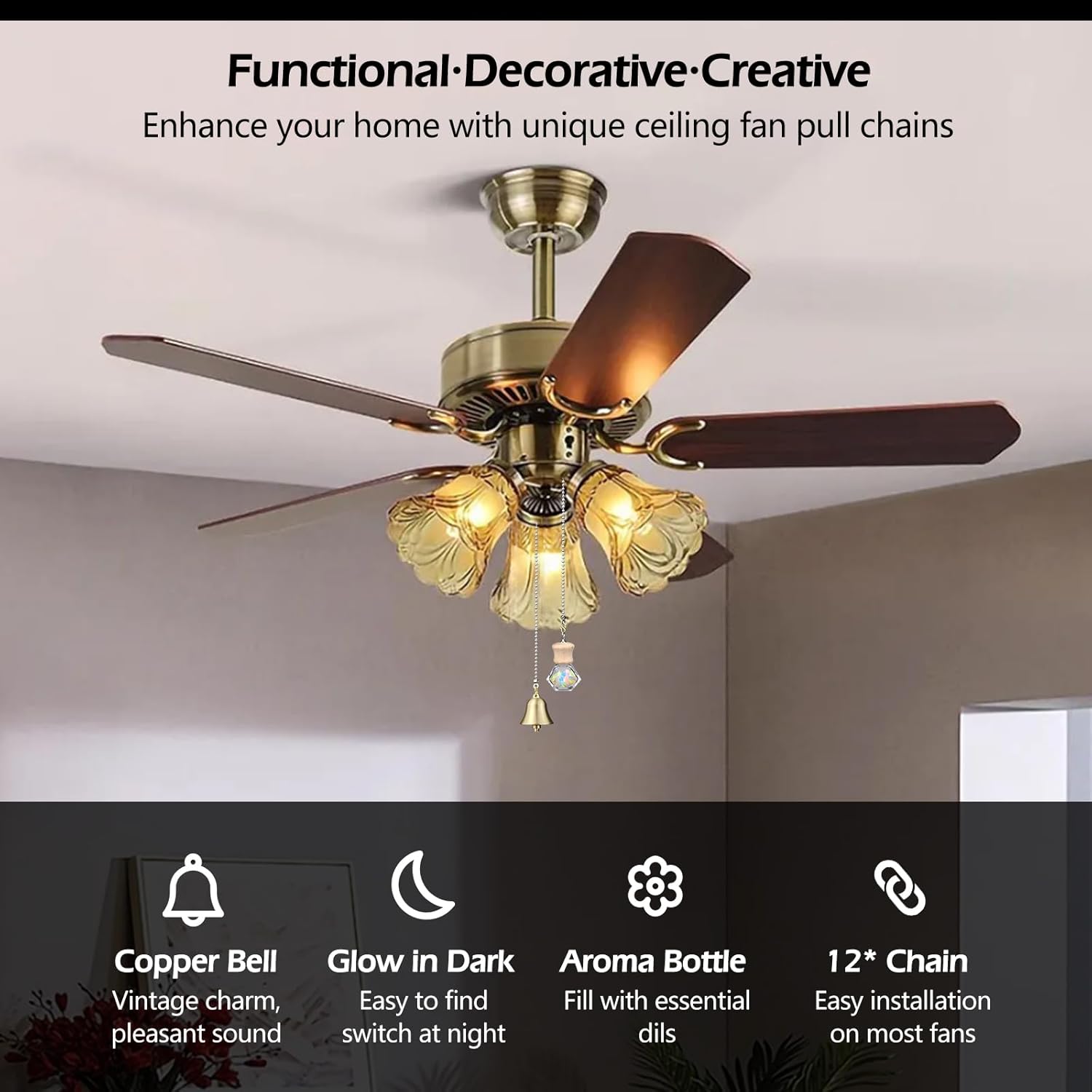 Decorative Ceiling Fan and Light Pull Chain with 12" Beaded Chain Extender Vintage-Style Jingle Bell and Aroma Glass Bottle Pendant for Lighting Fan
