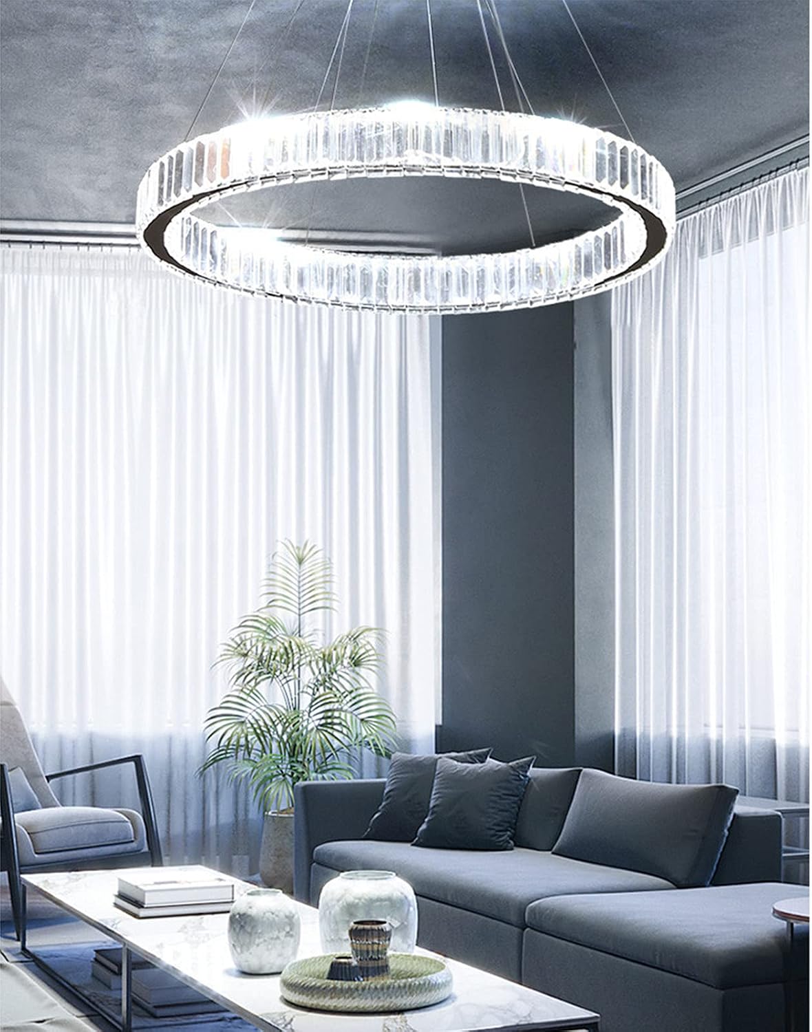 yomay Modern Crystal Chandelier LED Ring Pendant Light 20" Round ...