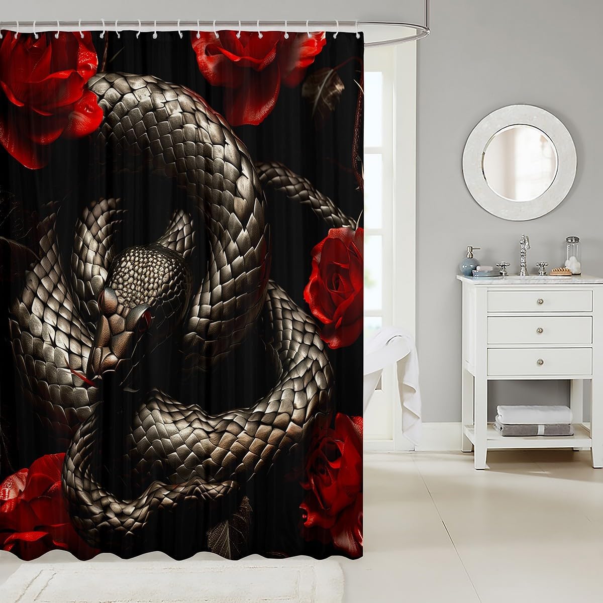 Black Snake Shower Curtain Set Little Dragon Reptile Bathroom Shower Curtain 72"Wx84"L,Serpentine African Animals Bath Curtain Exotic Tropical Desert Wildlife Waterproof Wall Art Bathroom Decor
