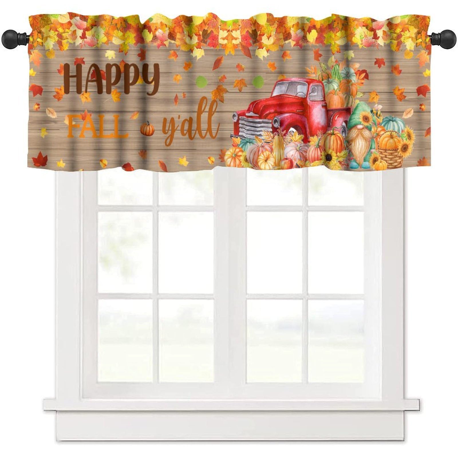 moderw Fall Pumpkin Valance Curtains, Happy Fall Yall Harvest Maple Leaves Autumn Thanksgiving Rustic Farmhouse Window Curtain Valance for Living Room Bedroom Kitchen 54x18inch
