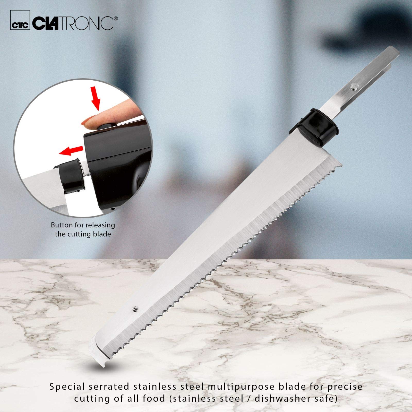 Clatronic Cuchillo eléctrico de cocina para carne, cuchillo de cocina eléctrico para alimentos congelados (hoja de acero inoxidable, afilado ondulado, cuchillo de pan, 120 W, negro)