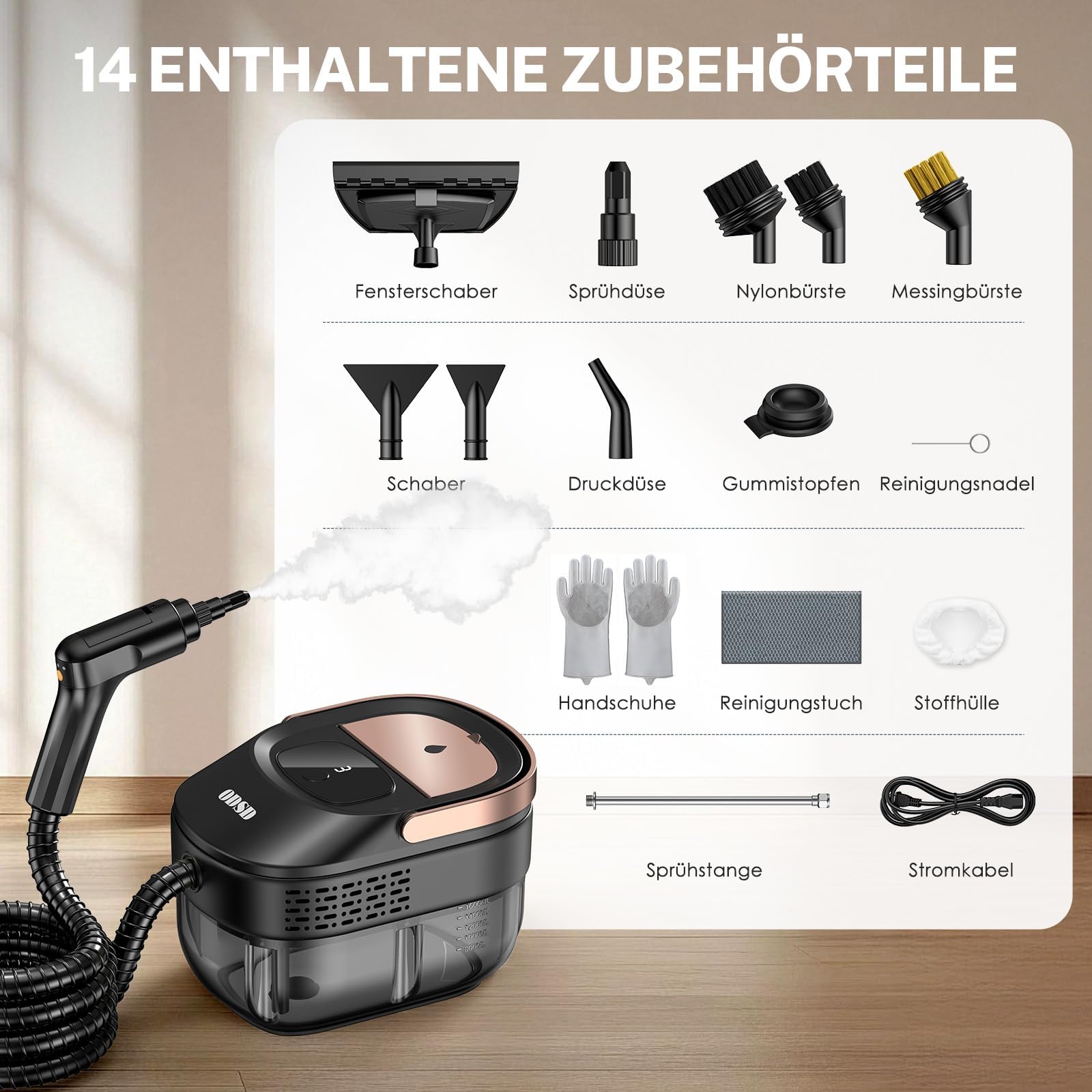 ODSD Dampfreiniger für Haushalt und Auto, 3-stufig einstellbarer Dampfreiniger, 15 Sekunden Aufheizzeit und 1,6 l großer Tank, Handdampfreiniger für Autos, Haushalt, Küche, Fenstern,Boden