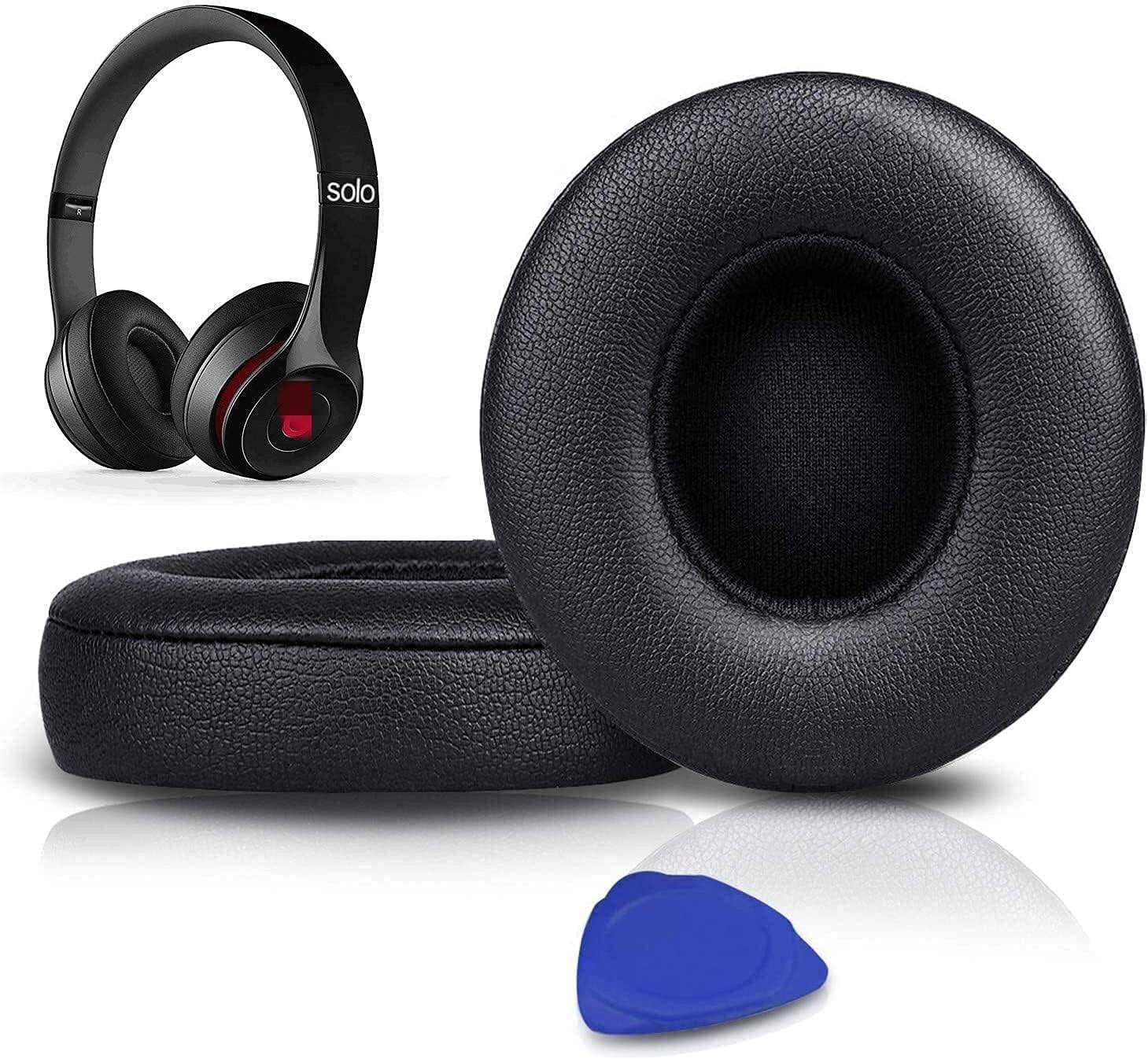 Earpads Cushions Replacement for Beats Solo 2 & Solo 3 Wireless On-Ear Headphones, Solo2 Solo3 Ear Pads with Soft Protein Leather, Added Thickness - Black
