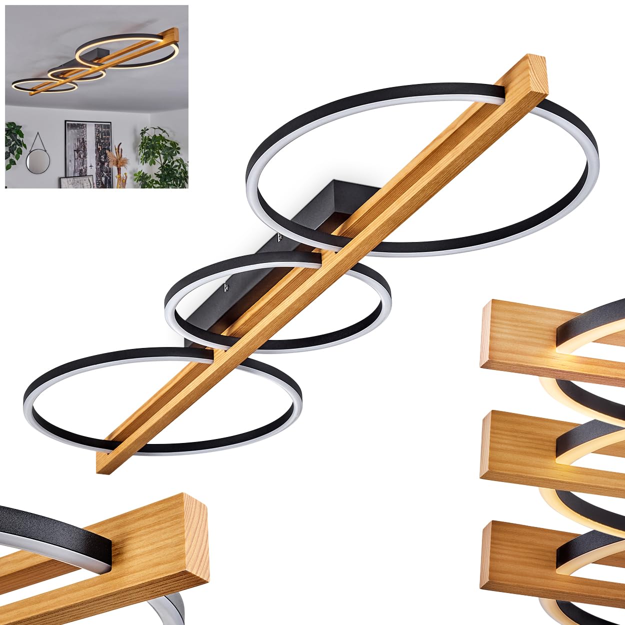 Carcano LED Ceiling Light, dimmable Ceiling lamp Made of Metal/Wood/Plastic in Black/Natural/White, (Ø 26.5 cm, 36.5 cm), 3 Lights, 38 watts, 1600 lumens, 3000 Kelvin, dimmable via Light Switch