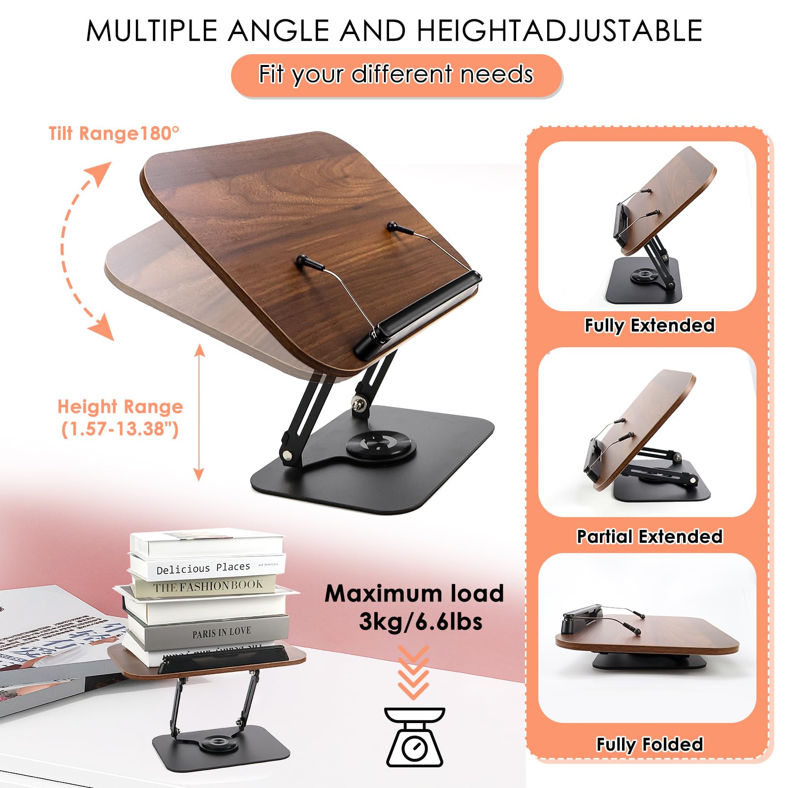 CIGAA Buchständer Aus Holz - Verstellbar & Drehbar Für Bücher & Tablets