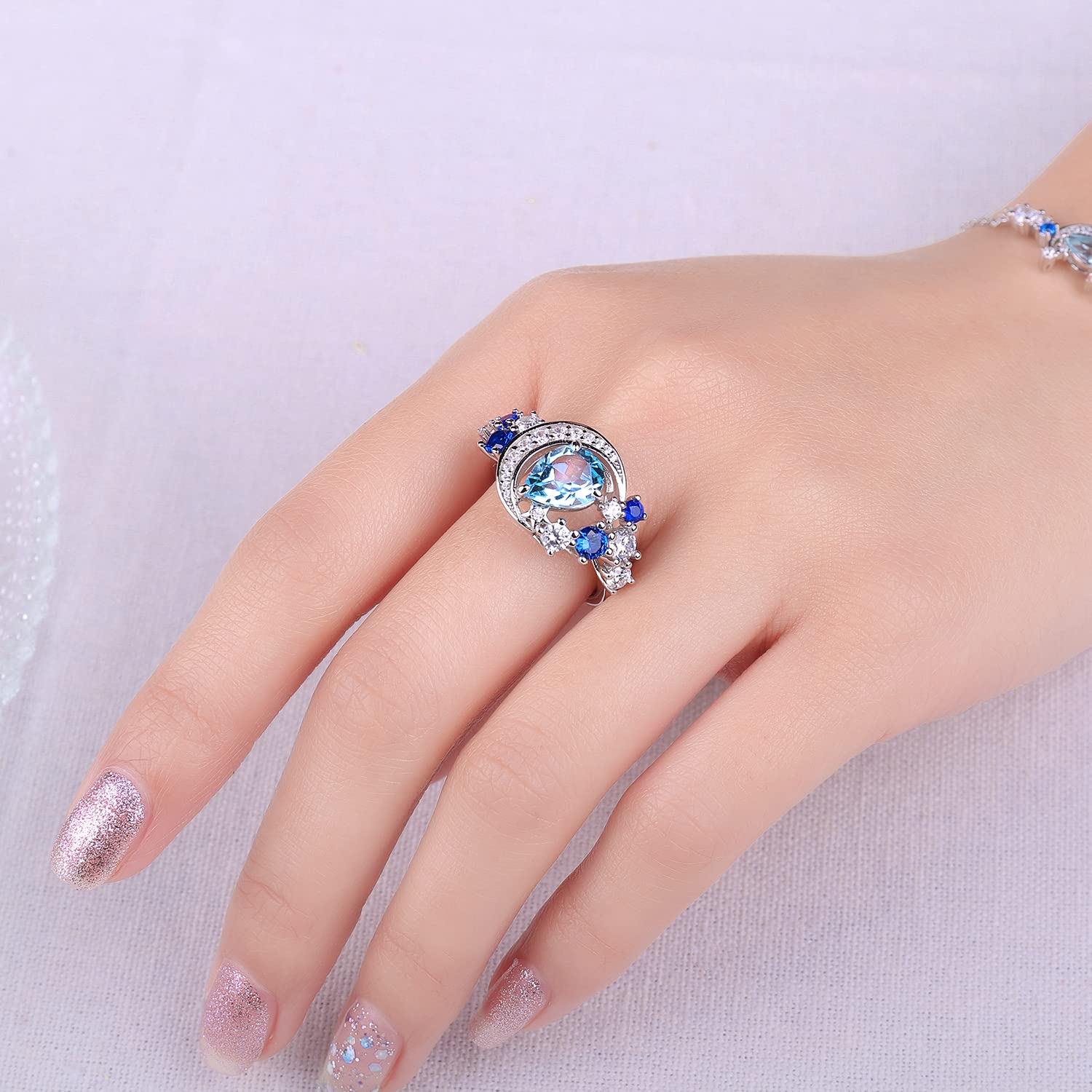 JewelryPalace Luna Estrella Anillo Plata Mujer con 2ct Topacio Azul Cielo Natural Corte Pera, Anillo de Cóctel Plata de Ley 925 Zafiro Azul, Anillo Niña Piedra Preciosa Gota de Agua, Conjunto Joyas