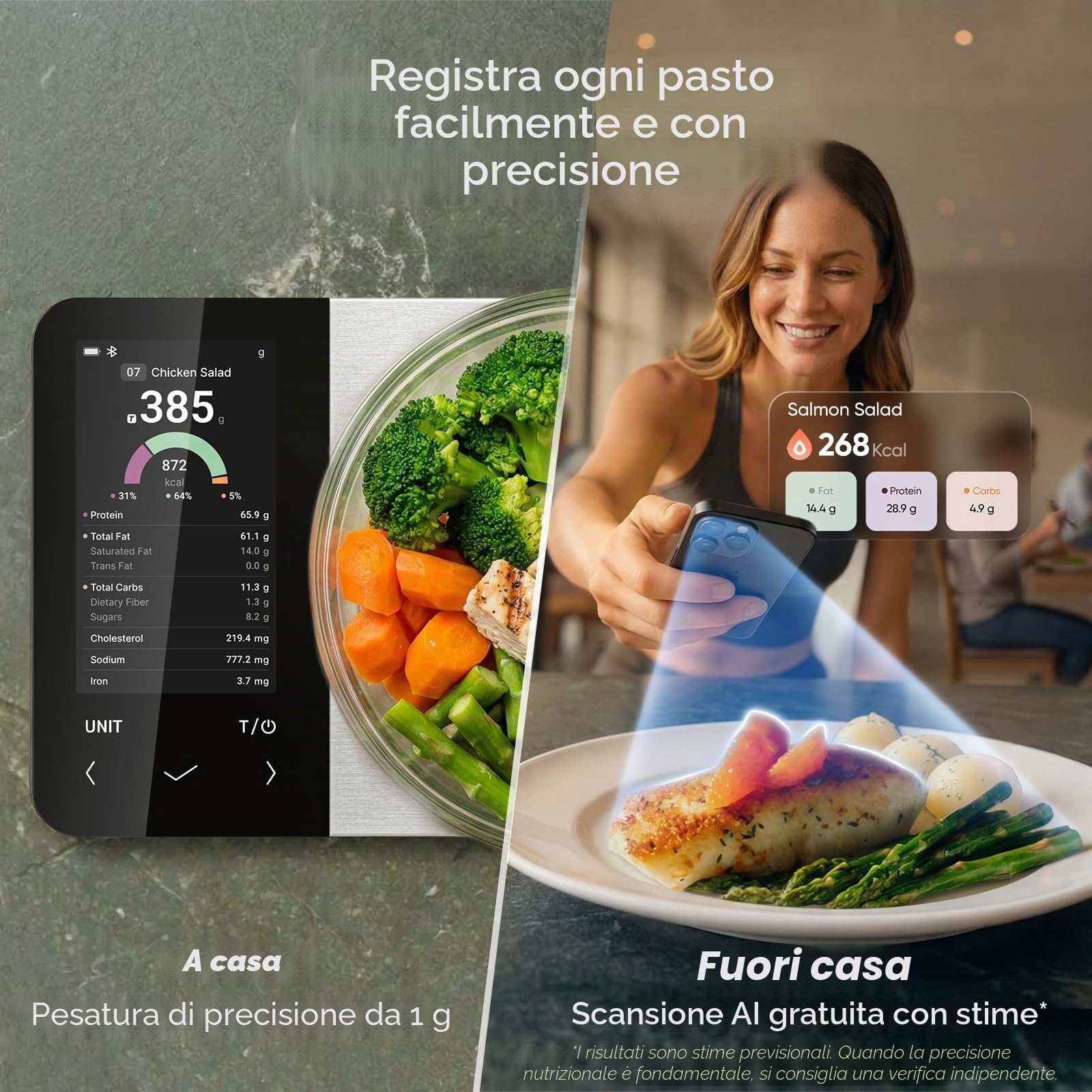 Cosori Bilancia intelligente per alimenti, app gratuita con ampio database alimentare del Regno Unito, bilancia conteggio calorie premium, display a colori trasparente, scansione AI, traccia 19