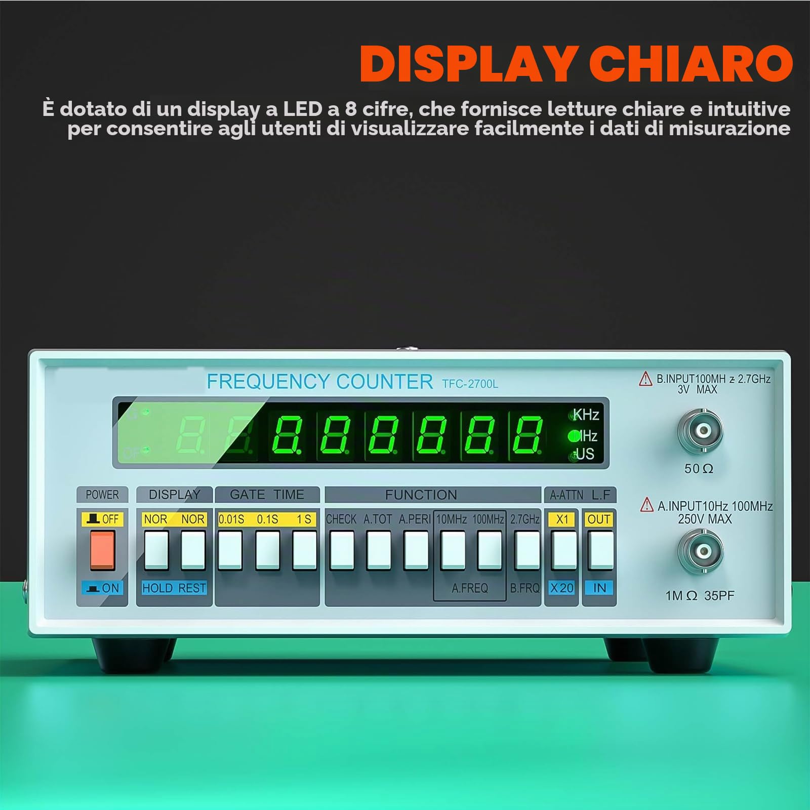 Contatore di Frequenza Ad Alta Precisione, Frequenzimetro Digitale Multifunzione, Elevata Stabilità, Display a LED a 8 Cifre, TFC2700L, per Laboratorio E Manutenzione di Apparecchiature