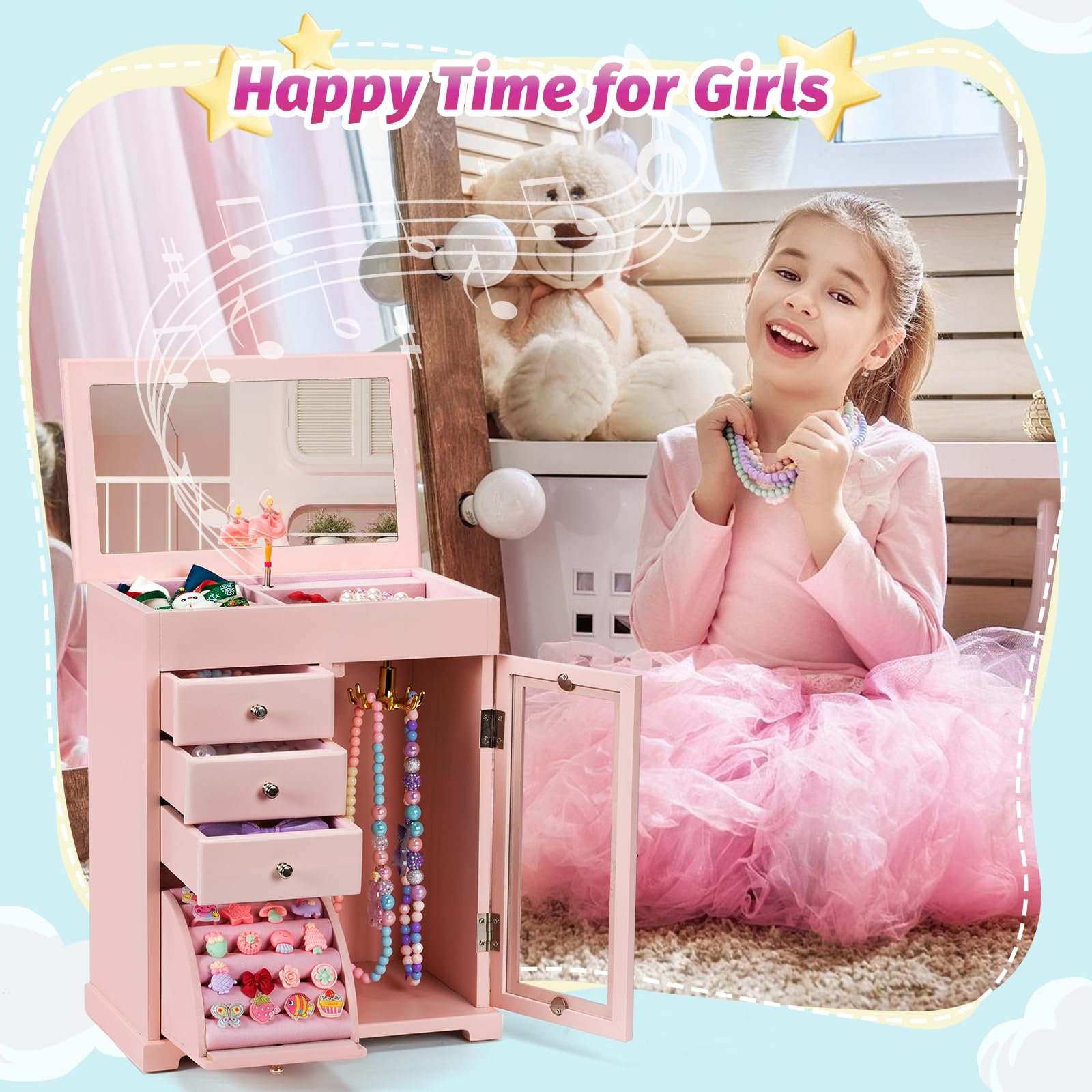 Joyero musical para niñas, caja de música grande de madera para niños con bailarina giratoria y espejo, caja de joyería de 5 capas, regalo para niñas pequeñas, Navidad, Año Nuevo, cumpleaños