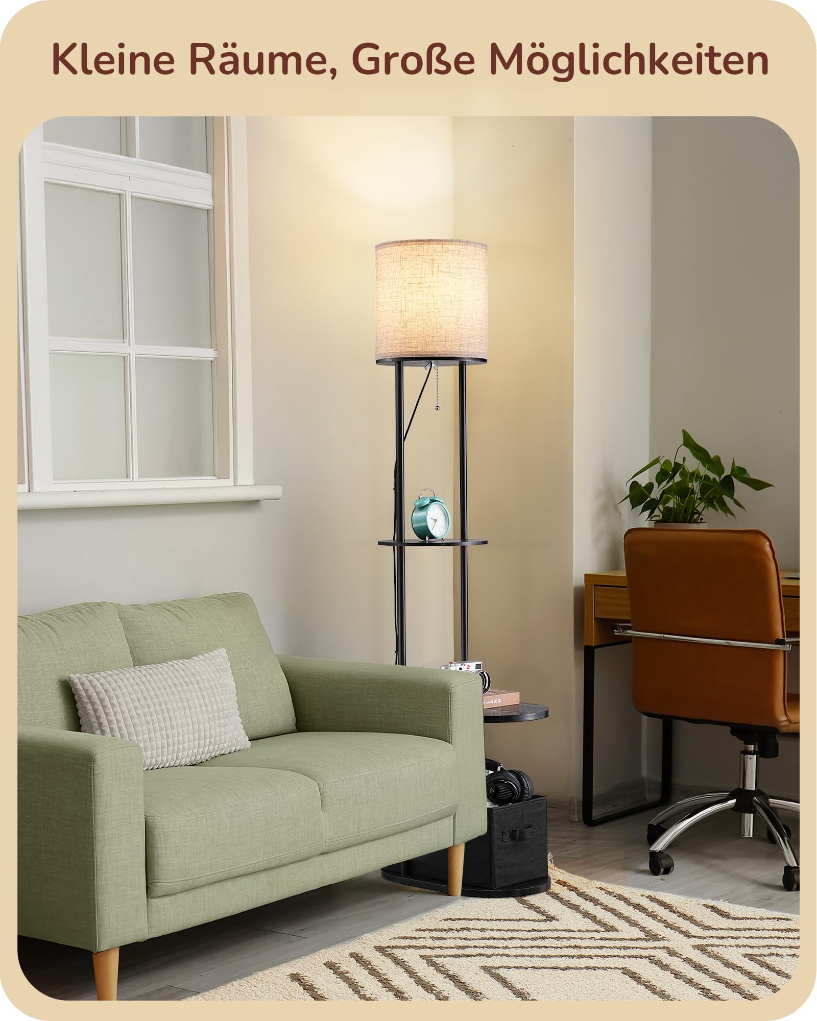 EDISHINE Stehlampe Wohnzimmer, mit Regal, Aufbewahrungskorb & USB-A+C | Inkl. Leuchtmittel, 3 Farbtemperaturen, 165 cm LED-Stehleuchte mit Ladestation, ideal für Schlafzimmer und Büro