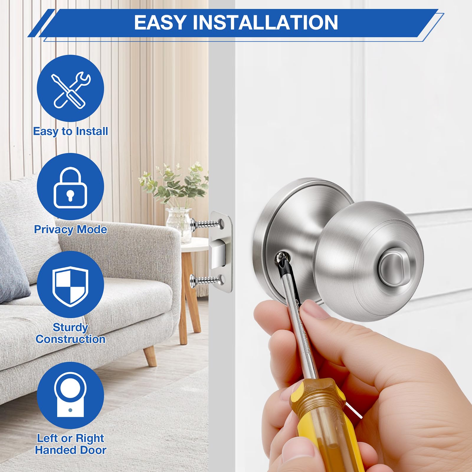 Plustool 10 Pack Brushed Nickel Door Knobs,Privacy Door Knob with Lock, Interior Doorknobs Silver, Keyless Door Locks Set for Bedrooms Bathrooms, Reversible for Left/Right Door Handle — Amazon image 6