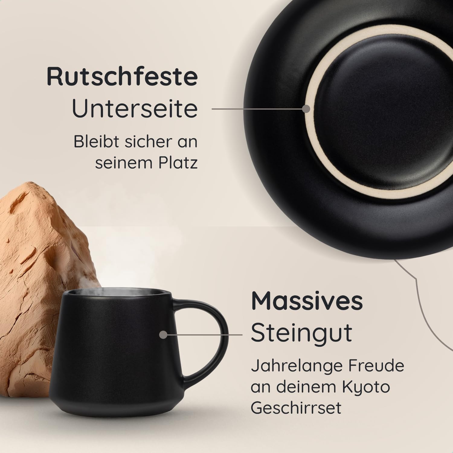 Geschirrset 24 teilig für 6 Personen, Modernes Steingut Tafelservice im Japandi Stil, Schwarzes Geschirr Set mit Tellern, Schalen & Tassen, Teller Steinzeug, Kombiservice 6 Personen & Tafelgeschirr