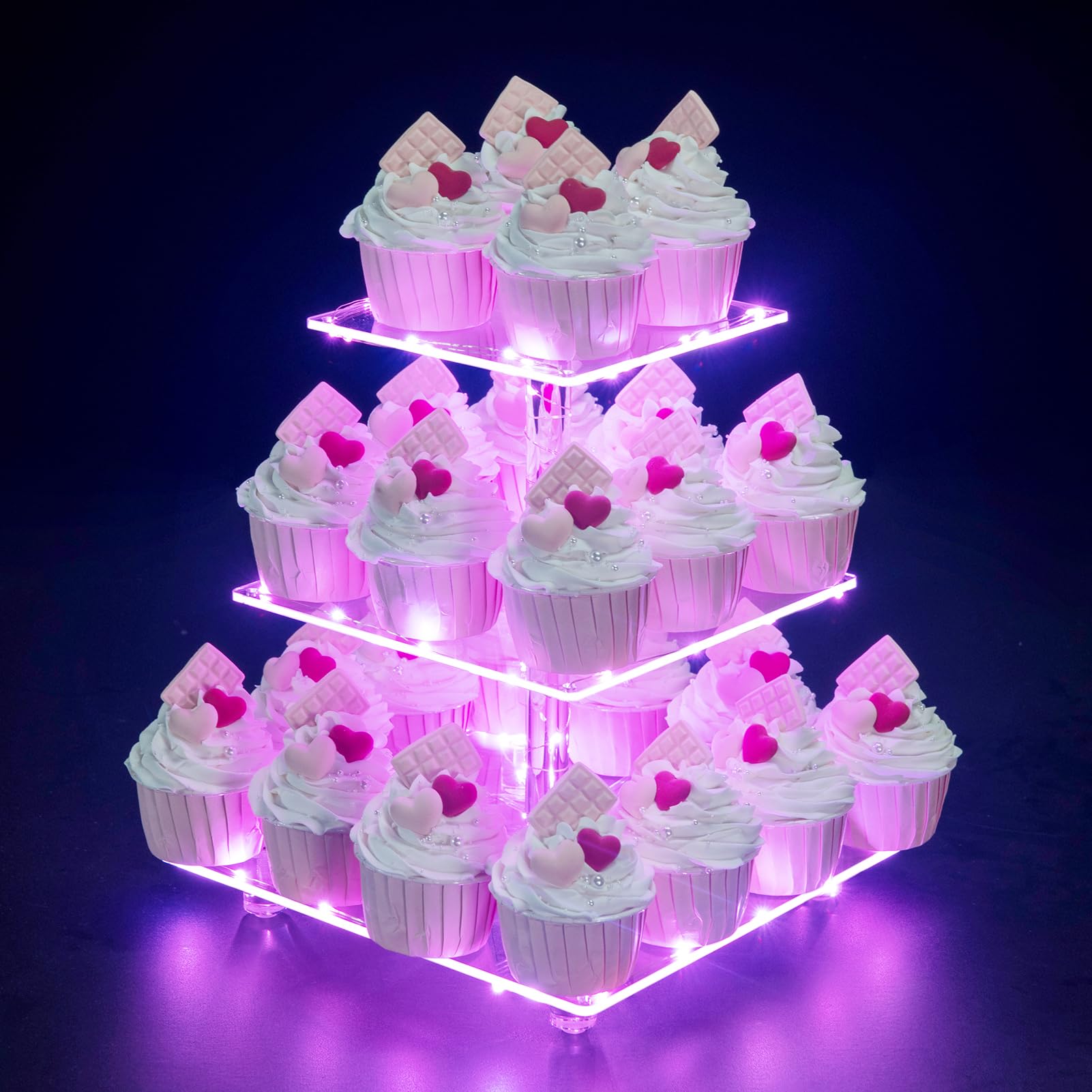 Soporte para cupcakes, soporte para cupcakes de 3 niveles con cuerda de luz LED, torre de acrílico para cupcakes, torre de postre, soporte de pastelería, soporte de nivel para cupcakes para
