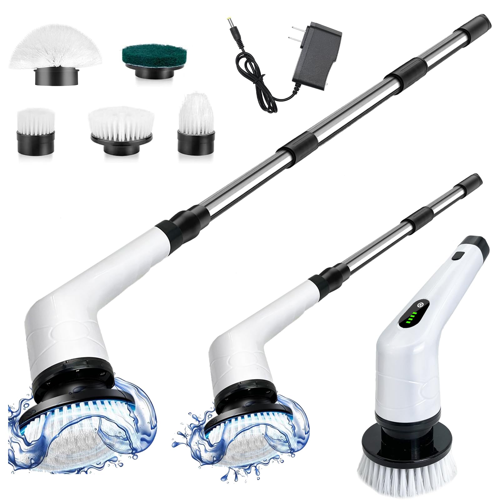 Electric Spin Scrubber,Powerful Cordless Cleaning Brush Compatible With Dewalt Battery -With 8 Brushes Adjustable Long Handle -1000RPM,3 Speeds for Car/Bathroom/Shower/Floor(Body only, no Battery)