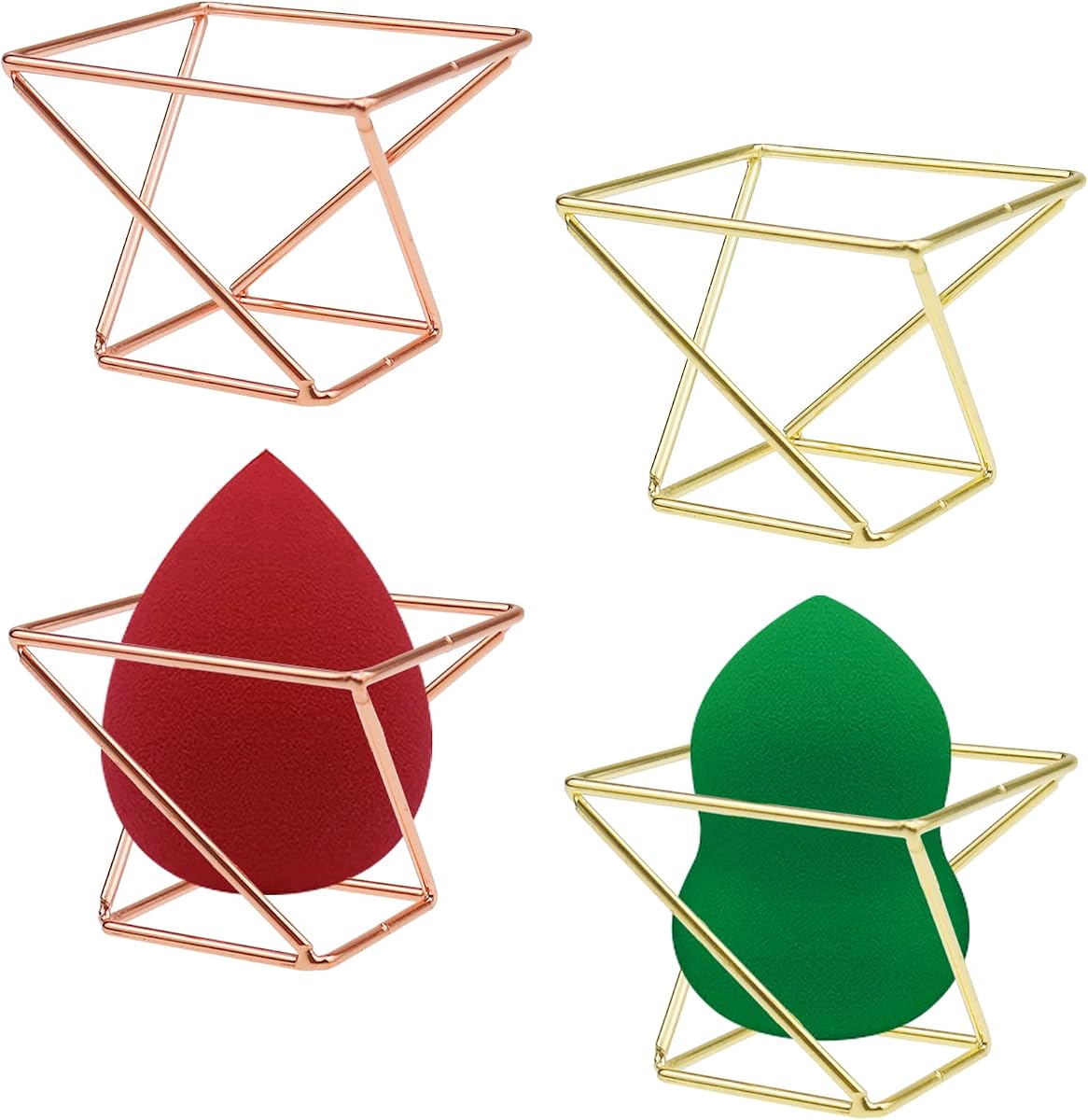 4 soportes para esponja de maquillaje, soporte para esponja de belleza, licuadora, estante de secado, licuadora de maquillaje, estuche de viaje, soporte de exhibición para soplo de polvo de huevo para tocador y tocador (oro y oro rosa)