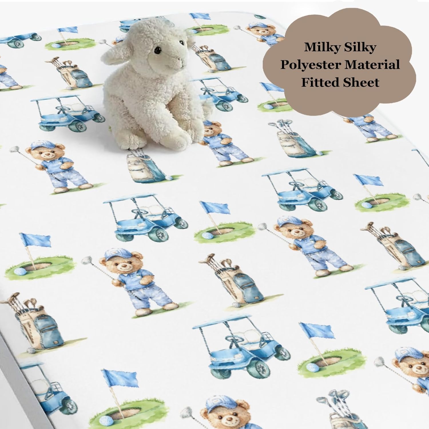 Cute Bear Golf Cart Blue Baby Crib Sheet for Boys Girls 52x28x9 in Bears Sport Golfing Flag Club Fitted Crib Mattress Cover for Standard Crib and Toddler Outdoor Sports Bed Sheet Animal One Size