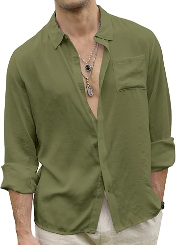 Miniatura 3 de CTU Camisa casual de verano con botones para hombre, manga larga, color sólido, camisas de playa