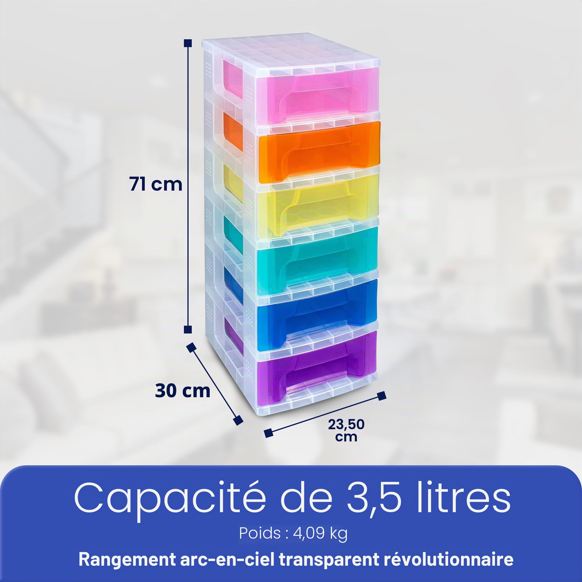Boîte de rangement en plastique très utile, Slimline Storage Tower, 6 x 3,5 litres, cadre transparent avec tiroirs arc-en-ciel