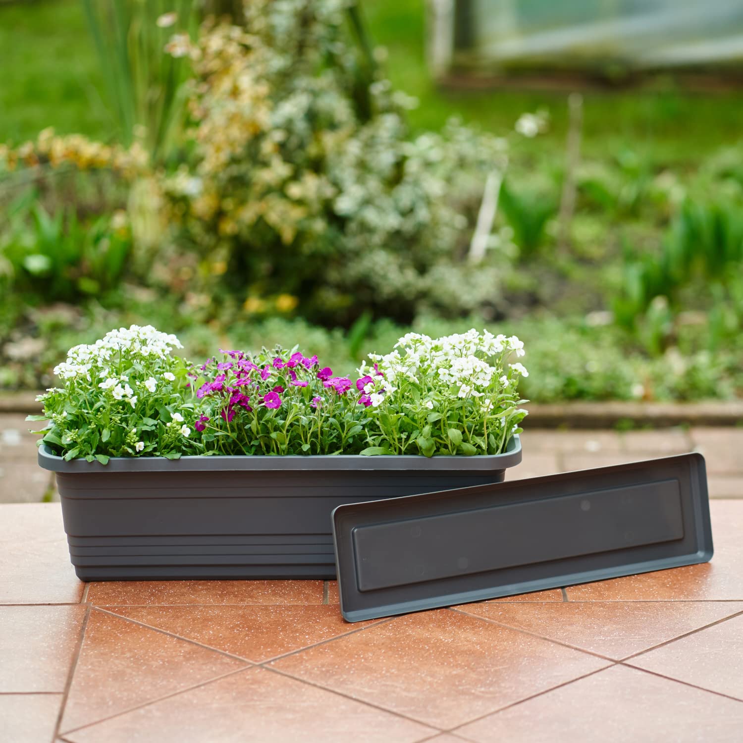 Tymar Lot de 2 jardinières rectangulaires avec soucoupe - Pour balcon, terrasse - En plastique - Anthracite - 79,6 x 17,9 x 14,5 cm