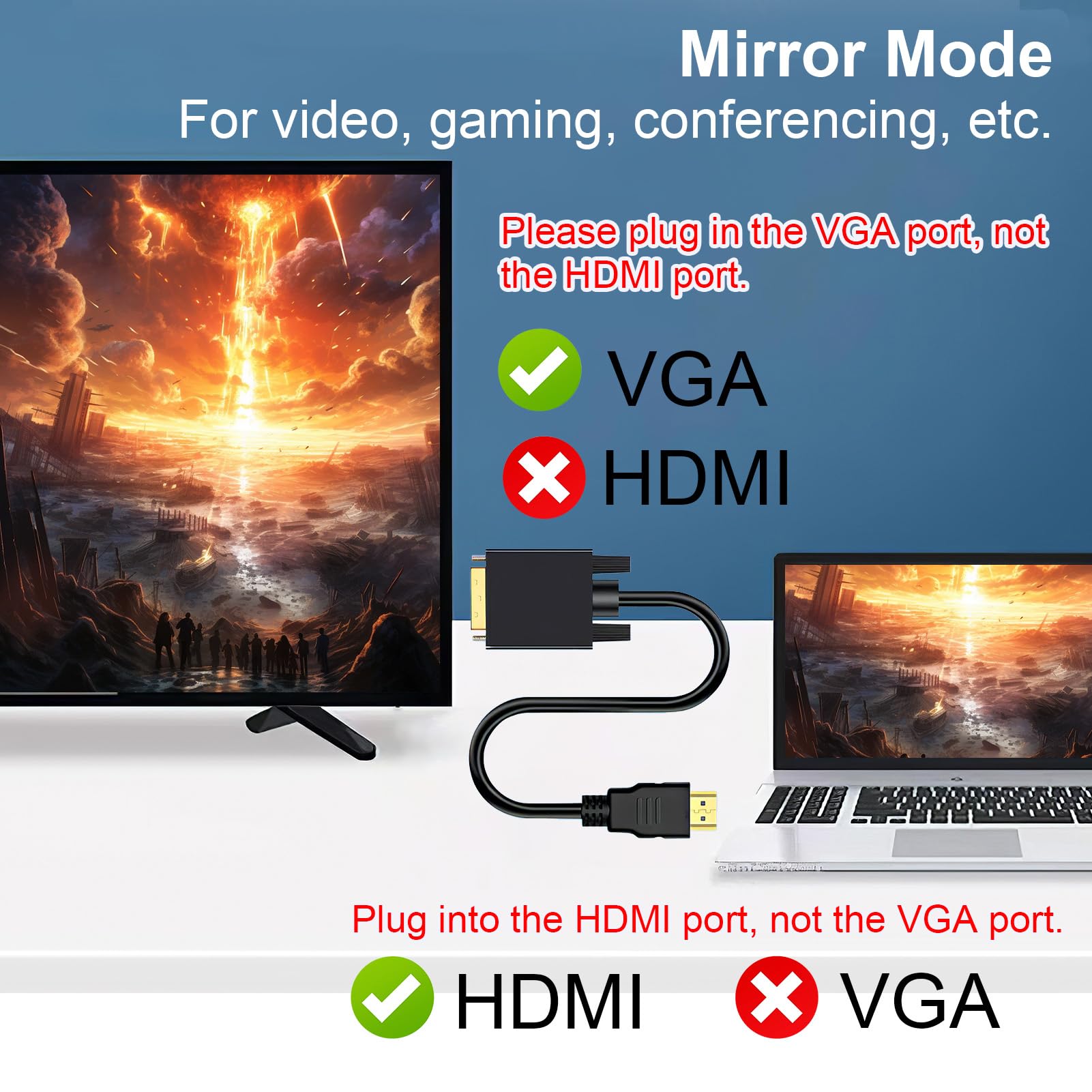Kabel konwerterowy 1,8 m, przejściówka HDMI na VGA, męski HDMI na VGA Male, wytrzymały z obudową ze stopu aluminium, pleciony nylonem, obsługuje 1080P/60 Hz