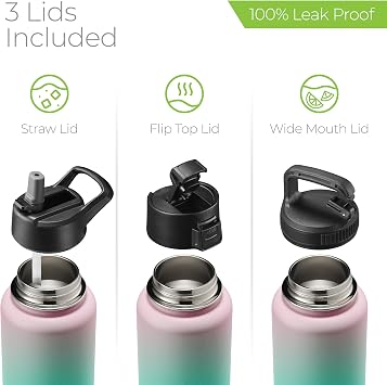 SipXTM 32 oz Insulated Water Bottle with 3 Lids Leakproof Stainless Steel, Triple Insulated Cold 24 Hours/Hot 12 Hours Durable Bottle for School, Gym, Travel Gradient Mint Pink