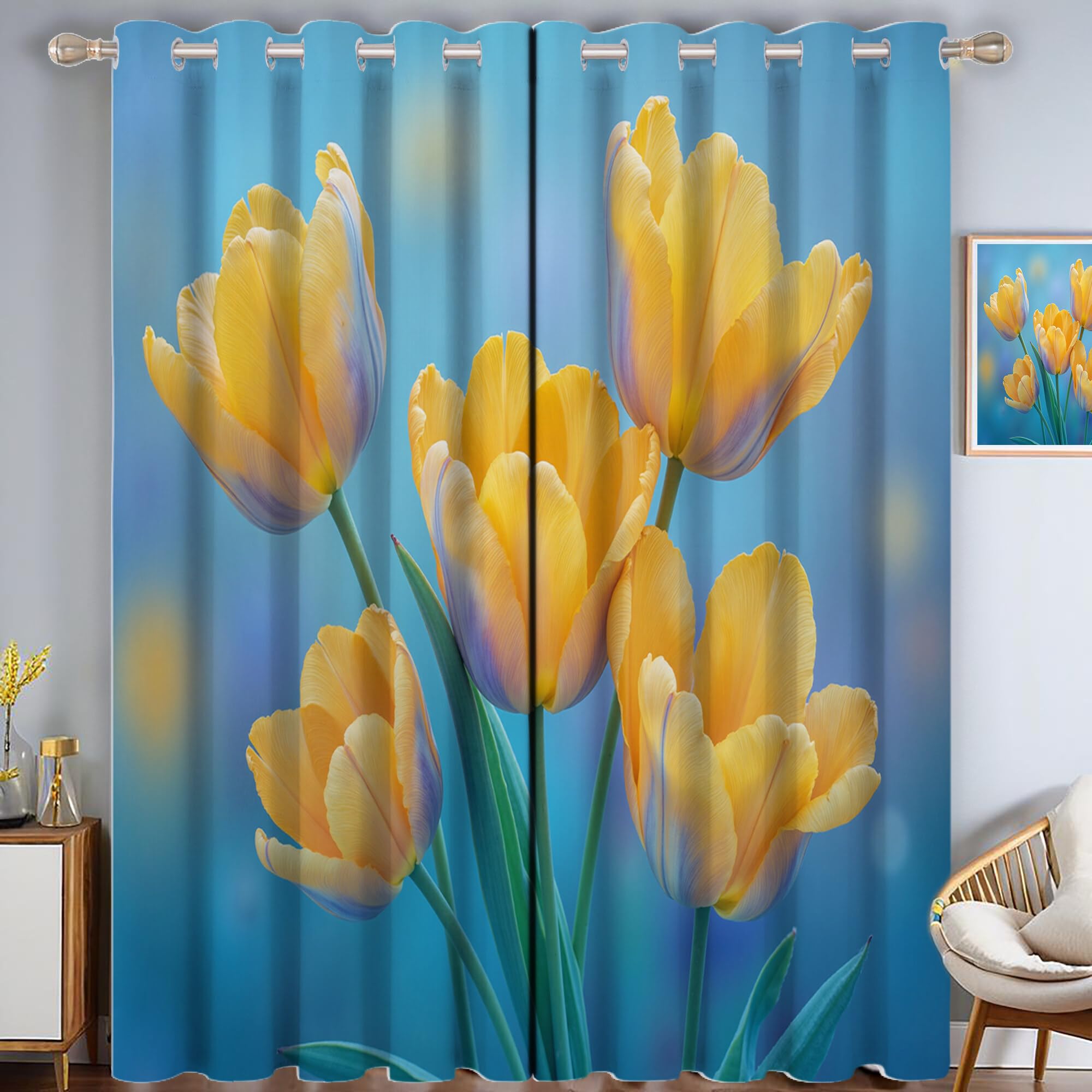 Isolanti Per Camera Da Letto Stampa 3D Fiori Di Tulipano Giallo 2 Pannelli 132X160Cm(L X A) Tende Soggiorno Piante Naturali Decorazione Motivo Finestra Bambini Tenda Oscuranti Occhielli