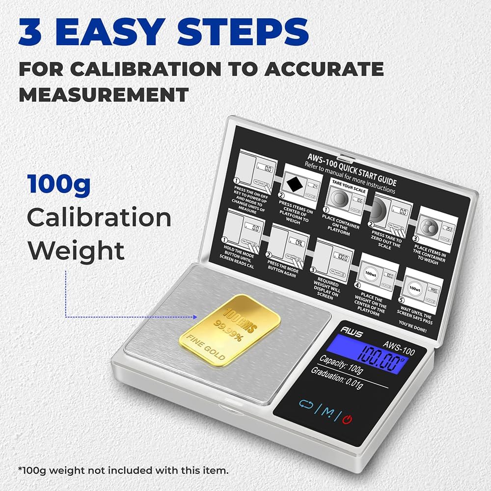Diagram showing three easy steps for calibration with a 100g weight.