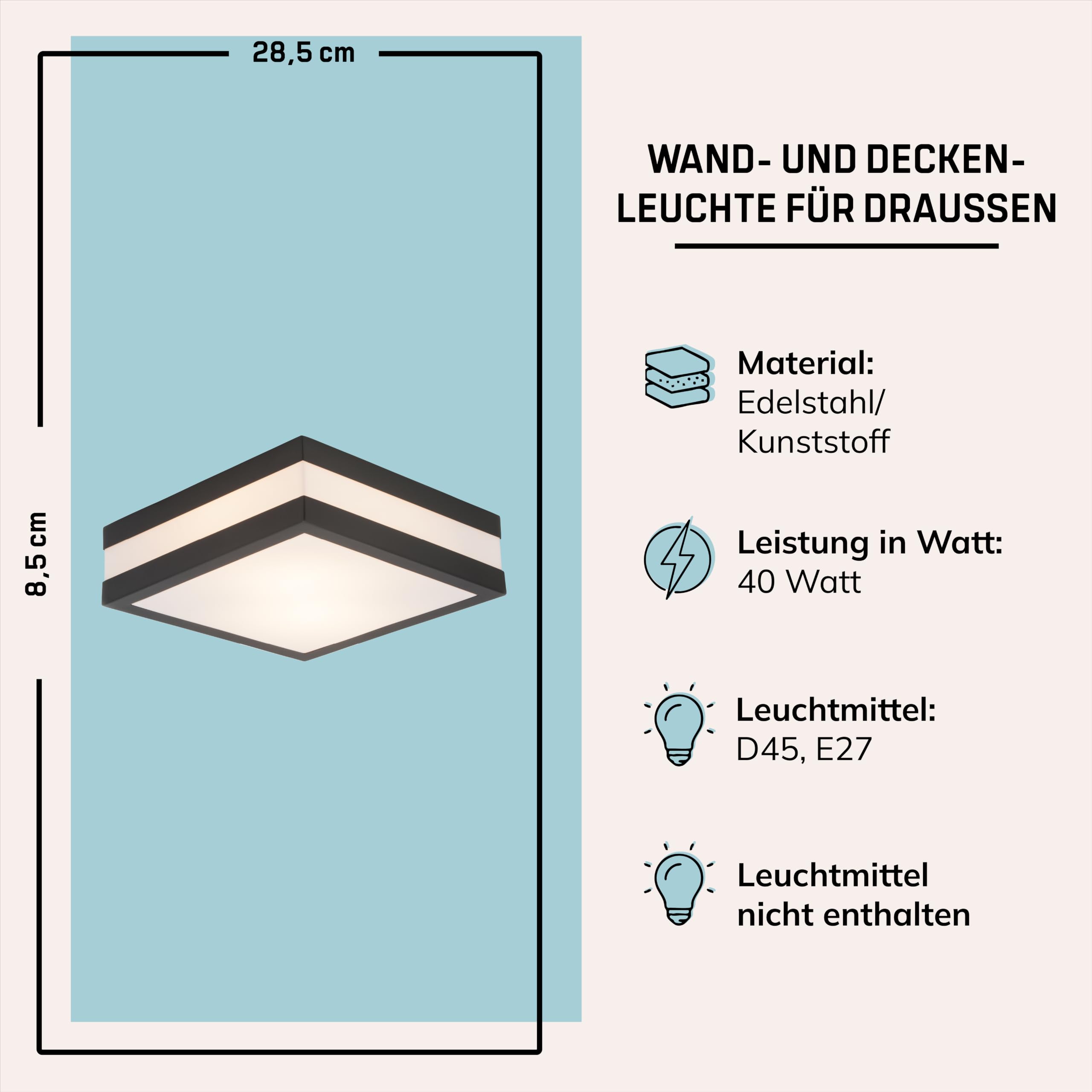 Lightbox Außen Deckenlampe IP44 - Deckenleuchte anthrazit 28,5 cm E27 exkl. | Outdoor Deckenlampe | 9 x 29 cm | 2 flammige Außen Wand- & Deckenleuchte | für Terasse oder Gartenhaus | 2 x E27 Fassung | au